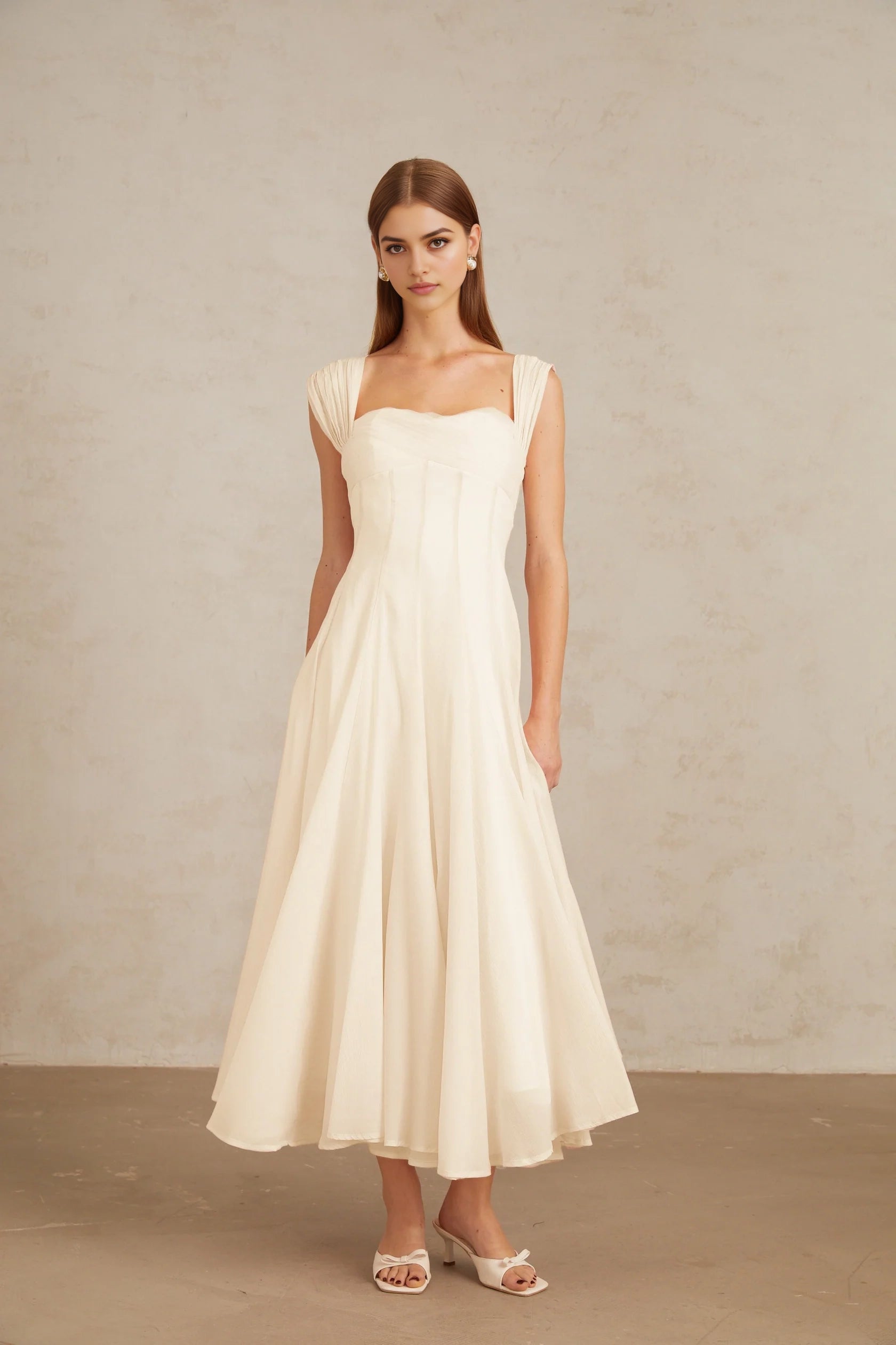 Ivory Square Neck Midi Dress with Pleated Shoulders Cream White Flounced Midi dress   Evening Dress