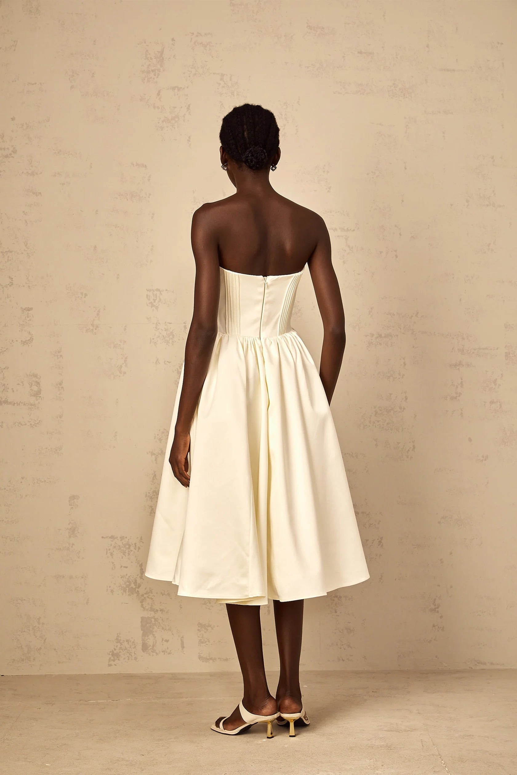 Ivory Strapless Corset Midi Dress with Full Skirt White Off-Shoulder Shirred Midi Dress Evening Dress