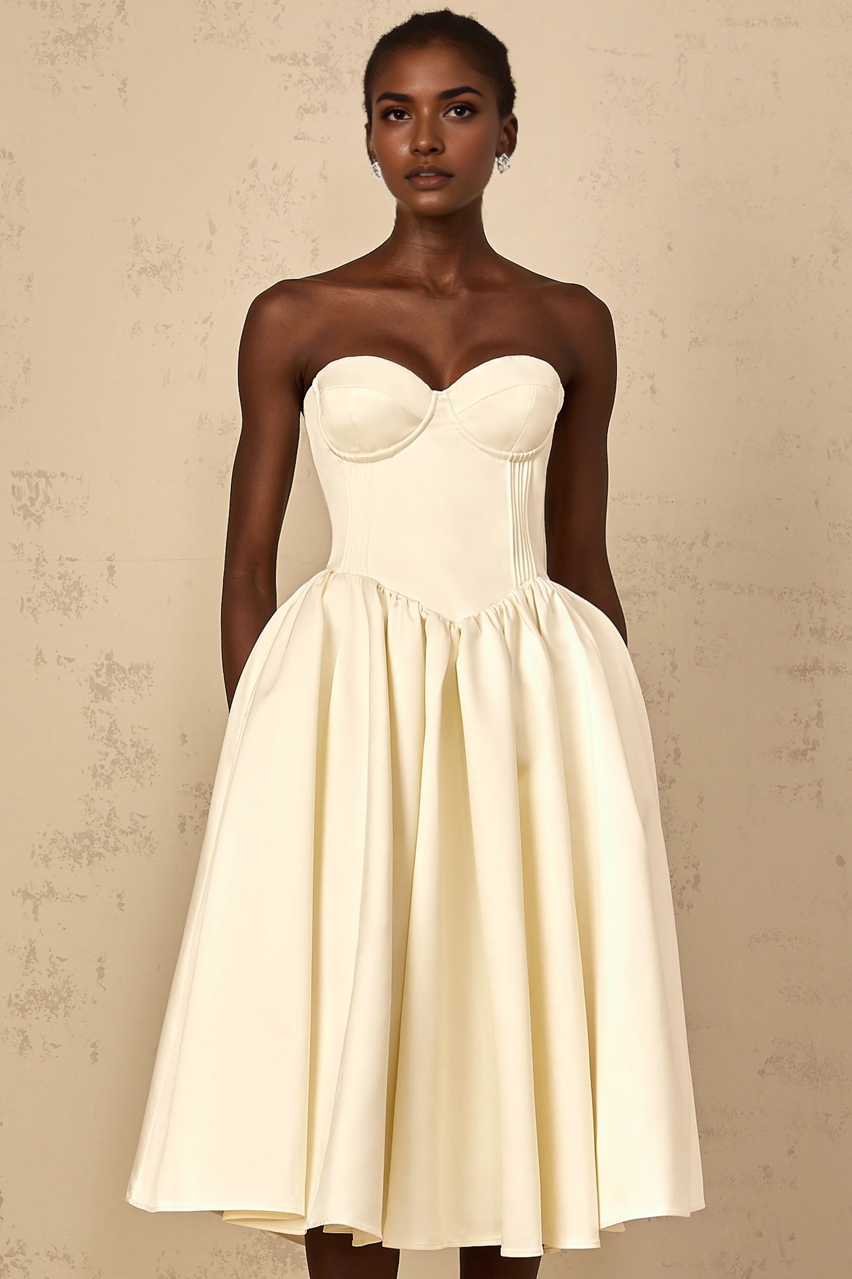 Ivory Strapless Corset Midi Dress with Full Skirt White Off-Shoulder Shirred Midi Dress Evening Dress