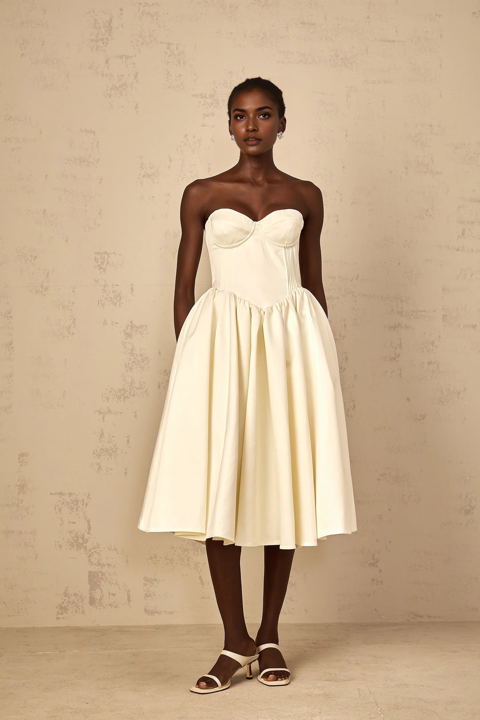 Ivory Strapless Corset Midi Dress with Full Skirt White Off-Shoulder Shirred Midi Dress Evening Dress