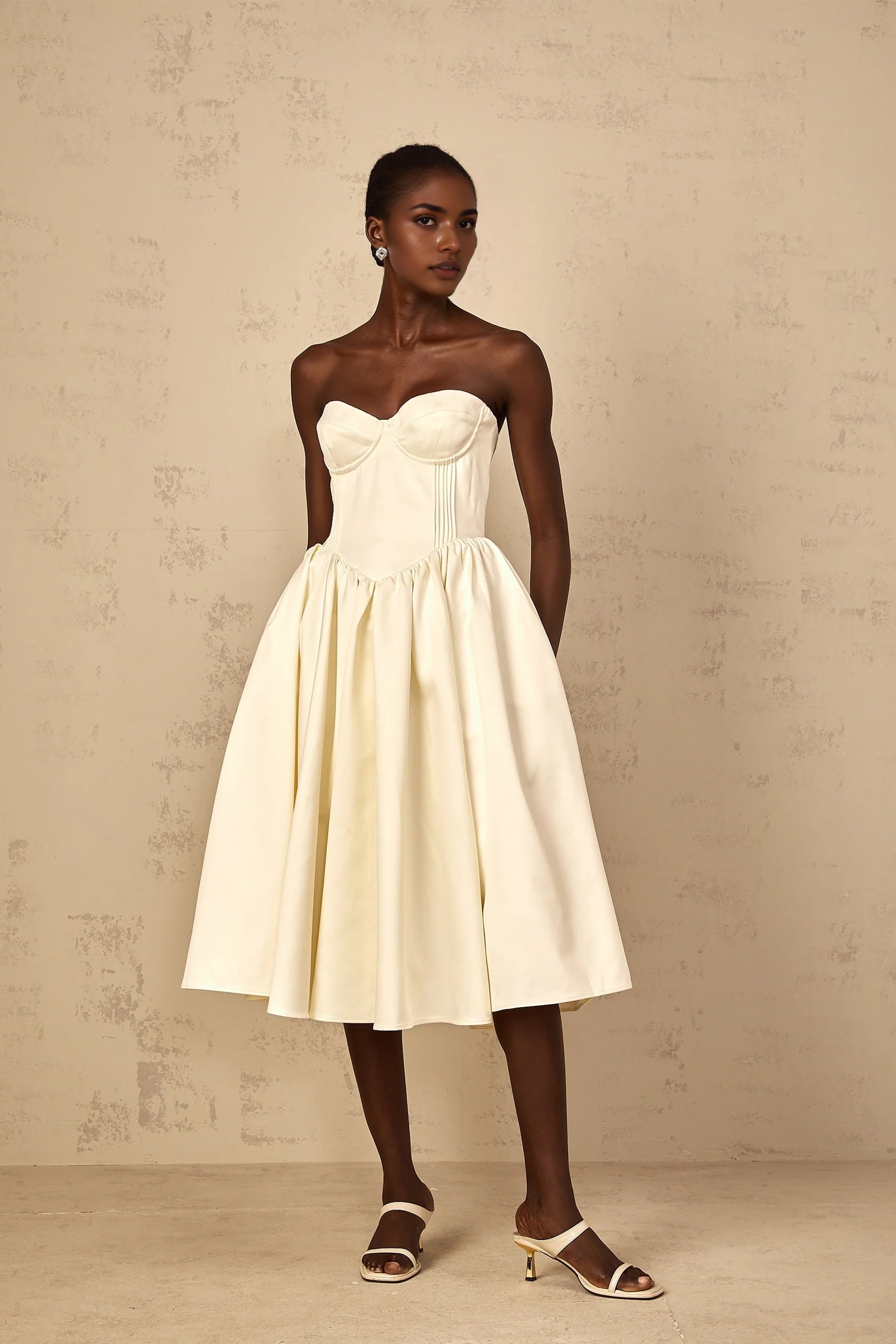 Ivory Strapless Corset Midi Dress with Full Skirt White Off-Shoulder Shirred Midi Dress Evening Dress