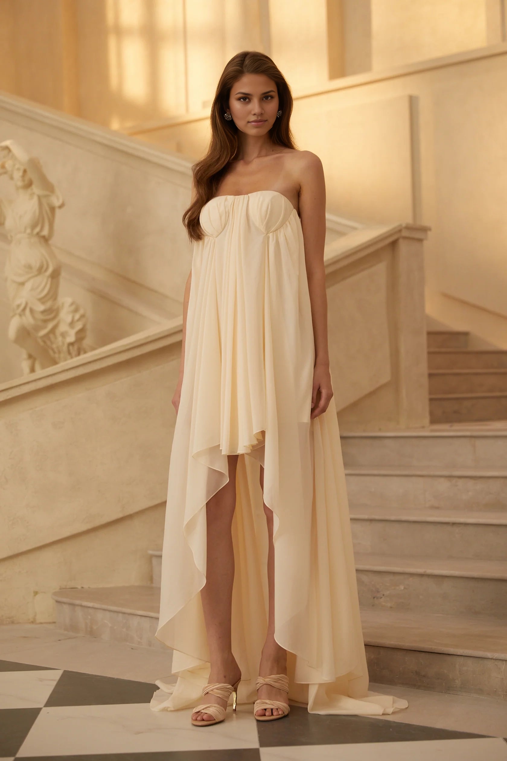 Anneli Biege Mullet Chiffon Midi Dress Ivory Strapless High - Low Maxi Dress with Open Back Evening Dress