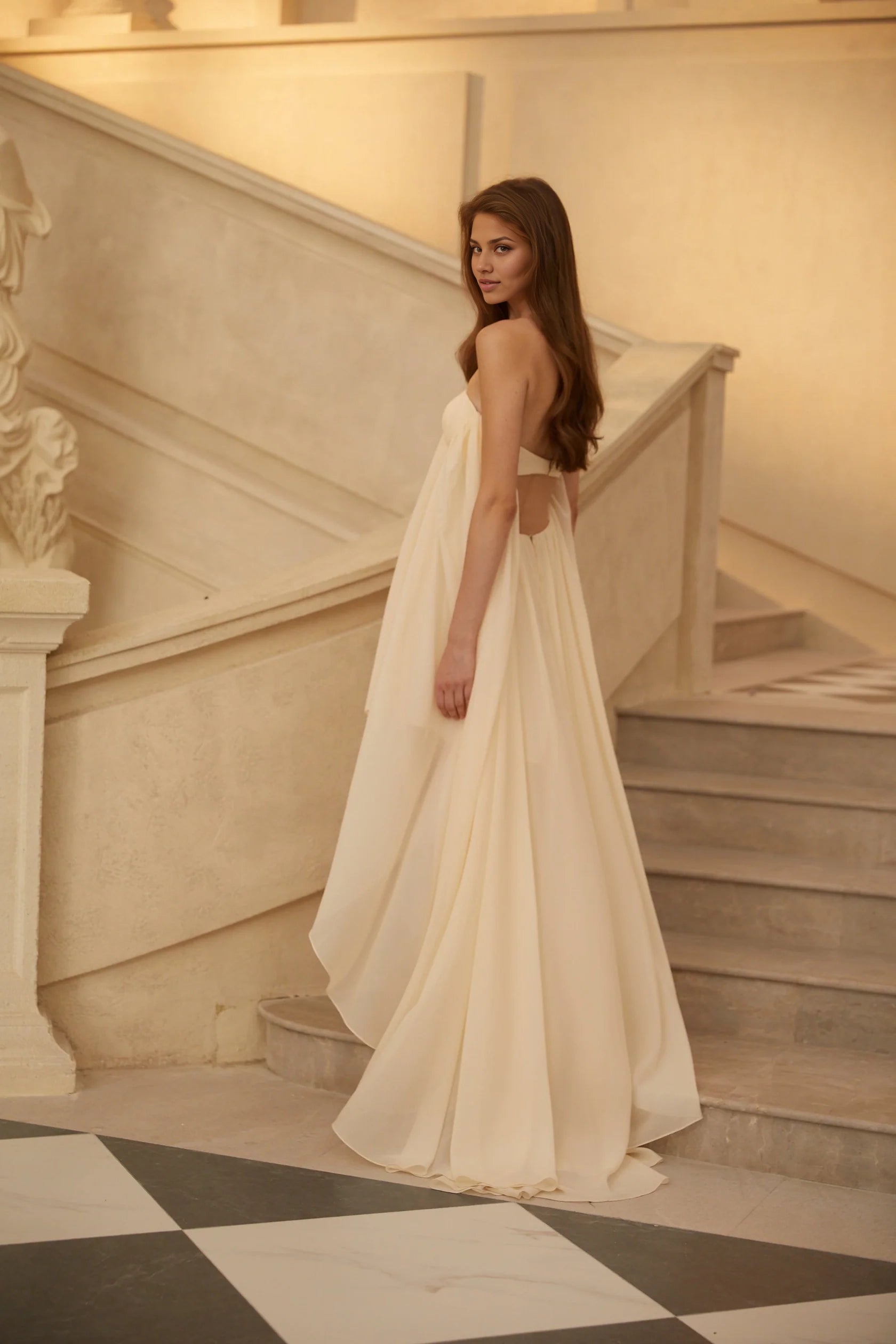 Anneli Biege Mullet Chiffon Midi Dress Ivory Strapless High - Low Maxi Dress with Open Back Evening Dress