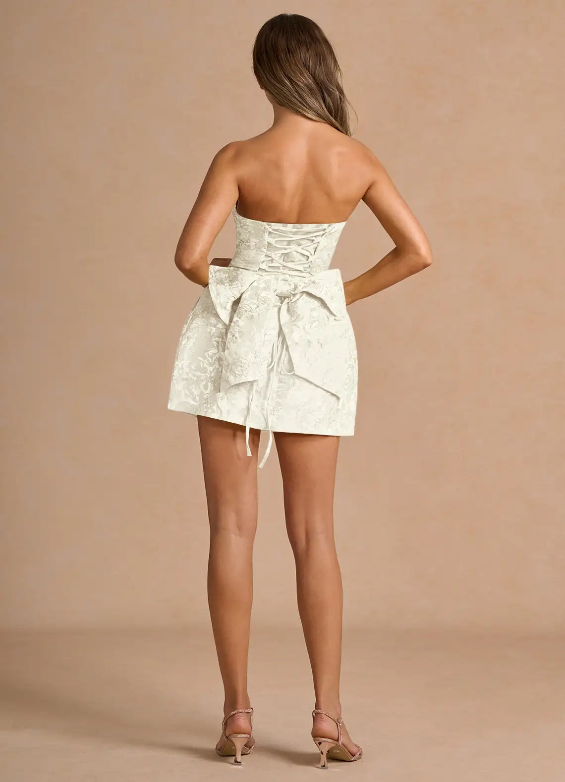 Ivory Strapless Jacquard Mini Dress with Lace - Up Back and Bow Detail Hadleigh Cream Mini Dress Homecoming Dresses