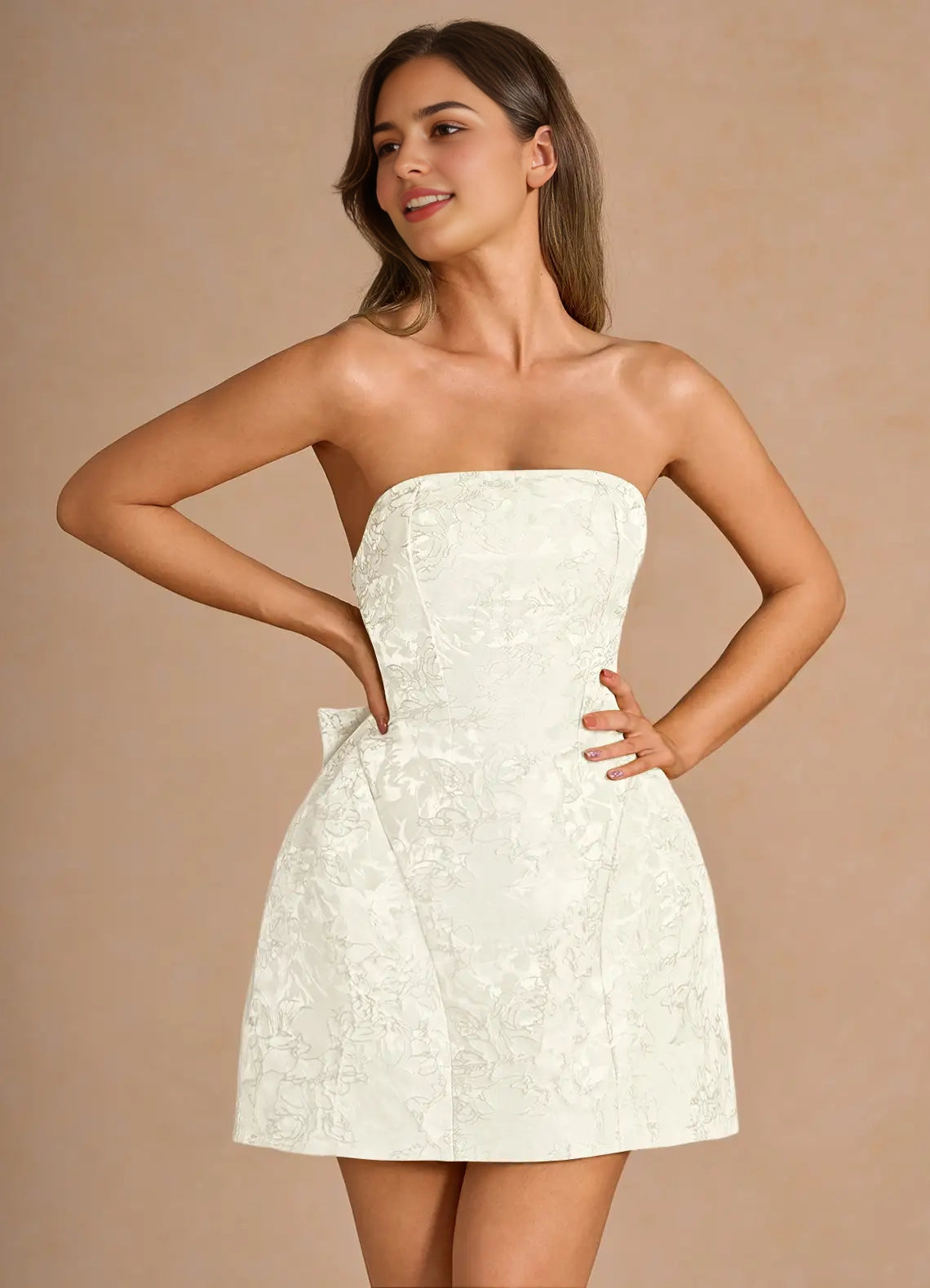 Ivory Strapless Jacquard Mini Dress with Lace - Up Back and Bow Detail Hadleigh Cream Mini Dress Homecoming Dresses