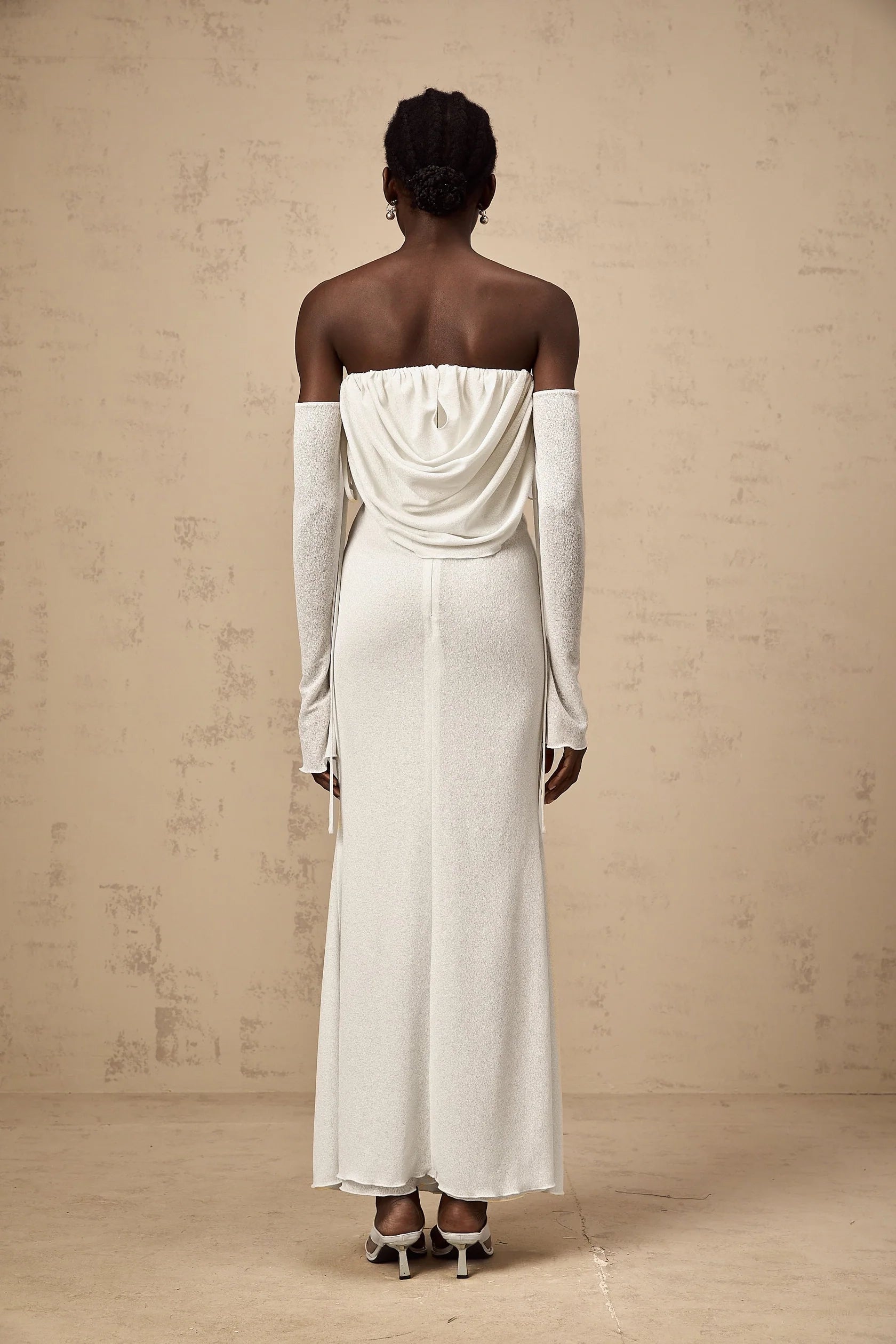 Ivory Strapless Maxi Dress with Draped Bodice and Floral Accent floral-appliqué ruched strapless maxi dress Evening Dress