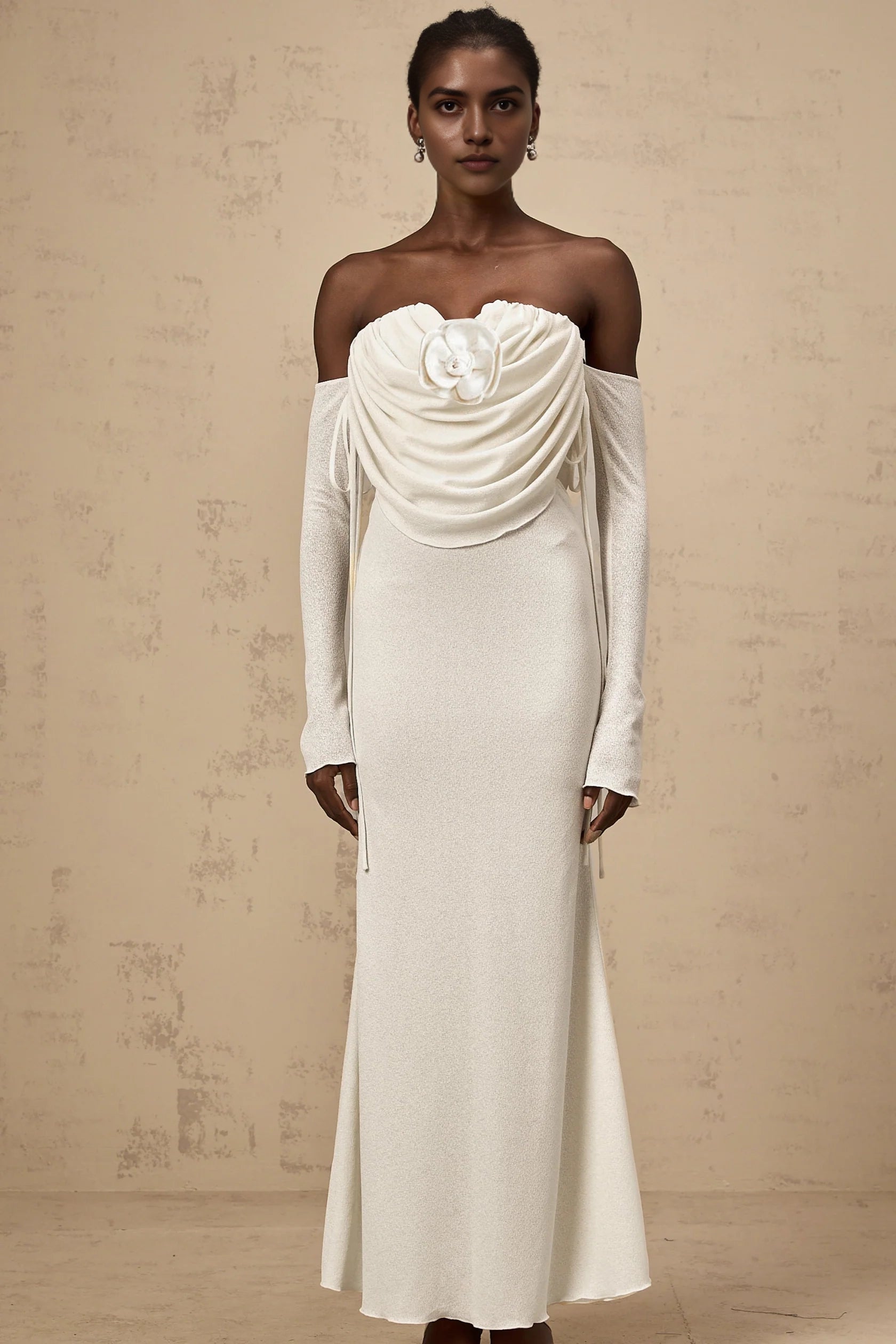 Ivory Strapless Maxi Dress with Draped Bodice and Floral Accent floral-appliqué ruched strapless maxi dress Evening Dress