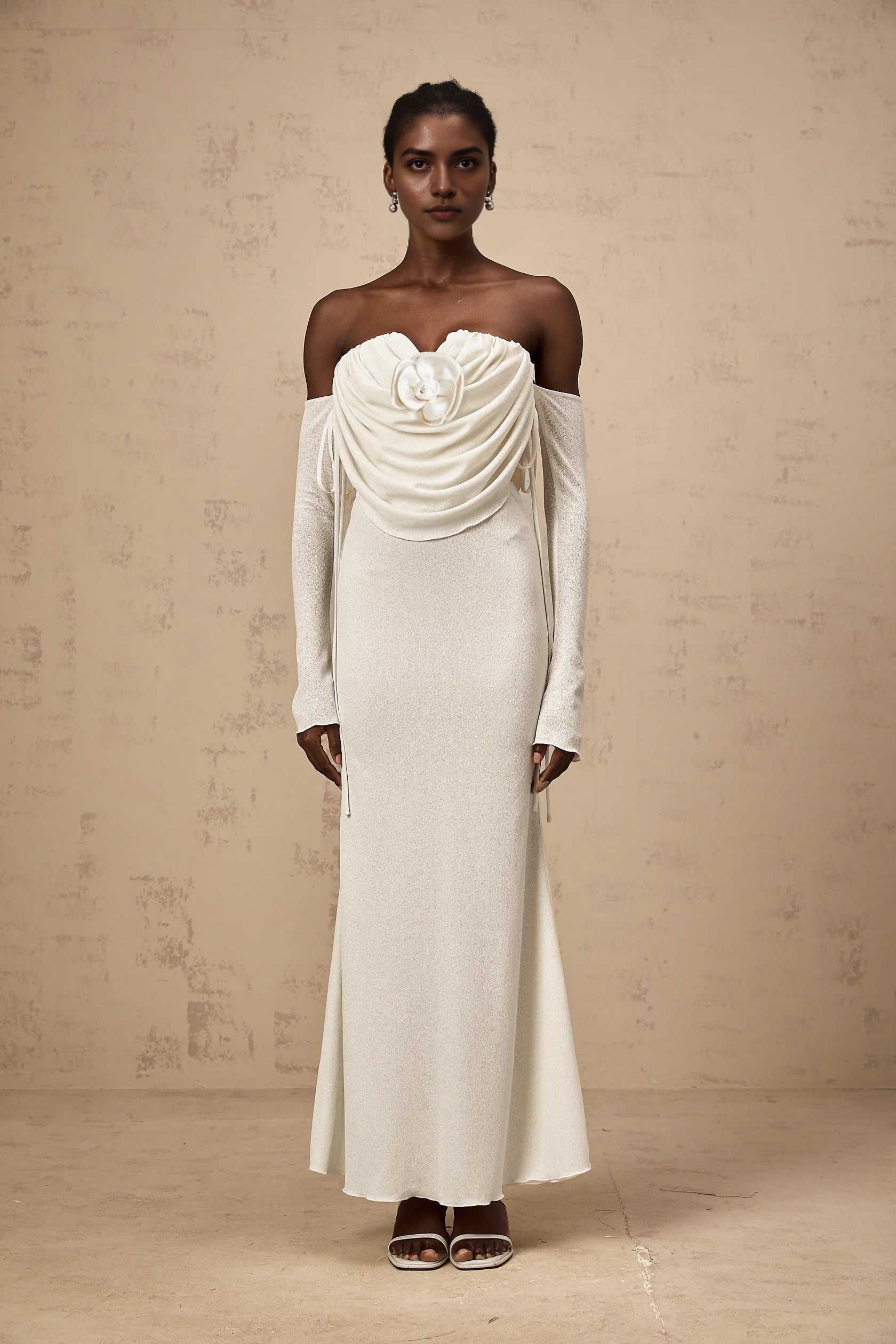 Ivory Strapless Maxi Dress with Draped Bodice and Floral Accent floral-appliqué ruched strapless maxi dress Evening Dress