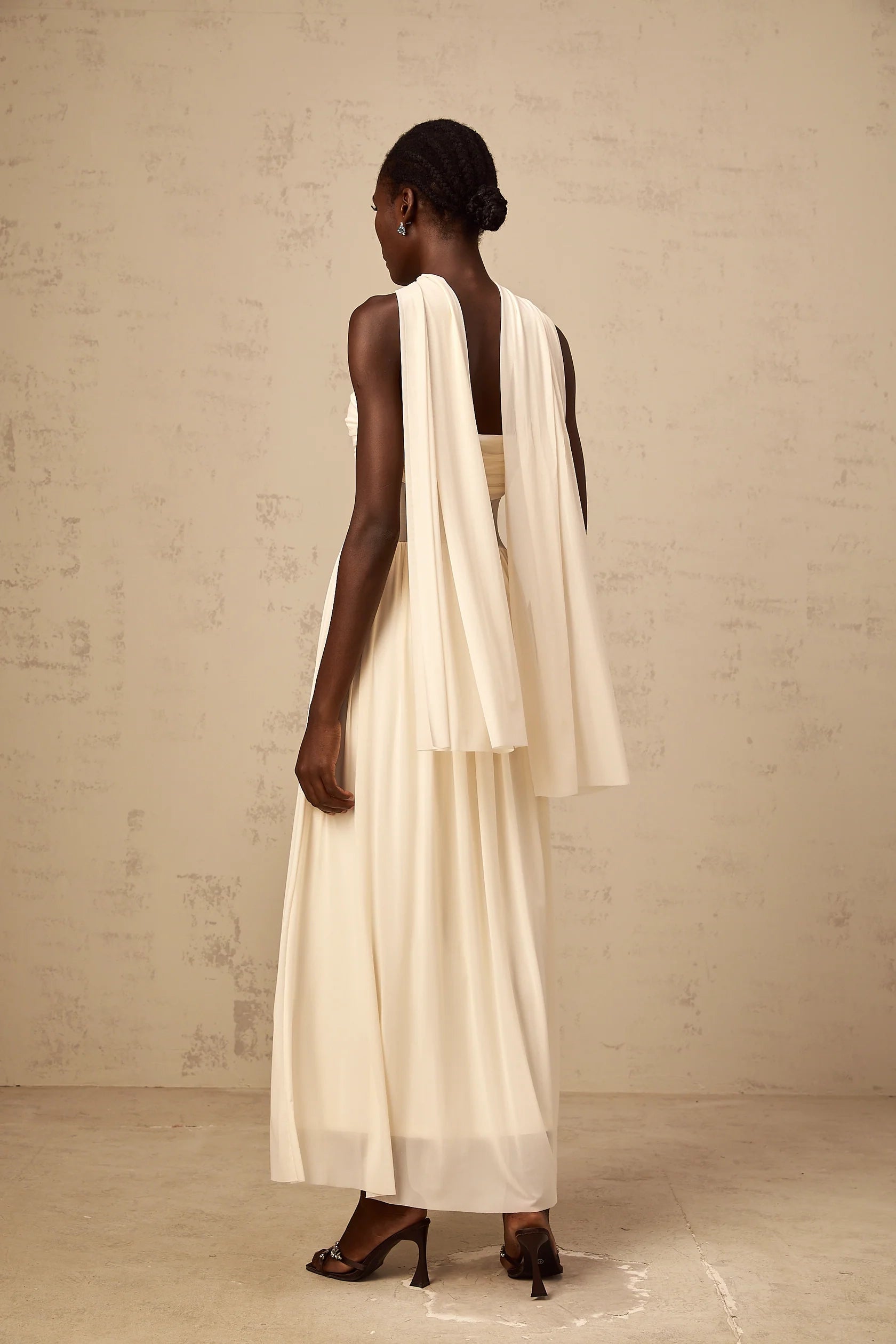 Ivory Strapless Maxi Dress with Sheer Panel and Drape Detail neutrals scarf-design mesh midi dress Evening Dress