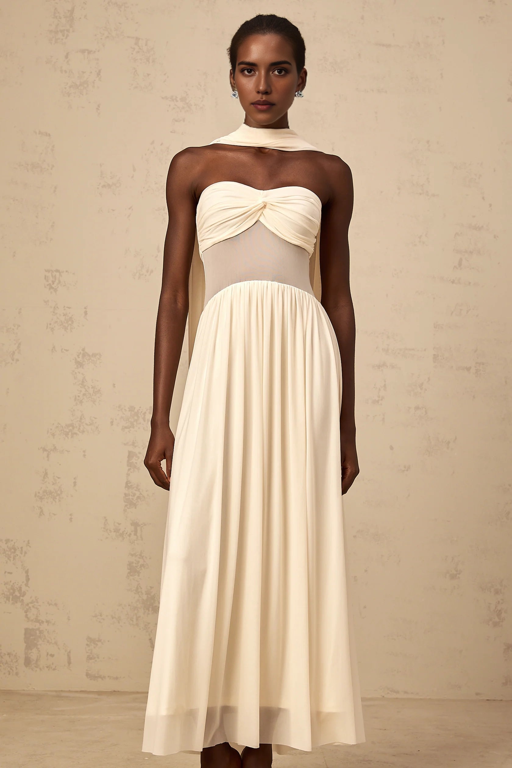 Ivory Strapless Maxi Dress with Sheer Panel and Drape Detail neutrals scarf-design mesh midi dress Evening Dress