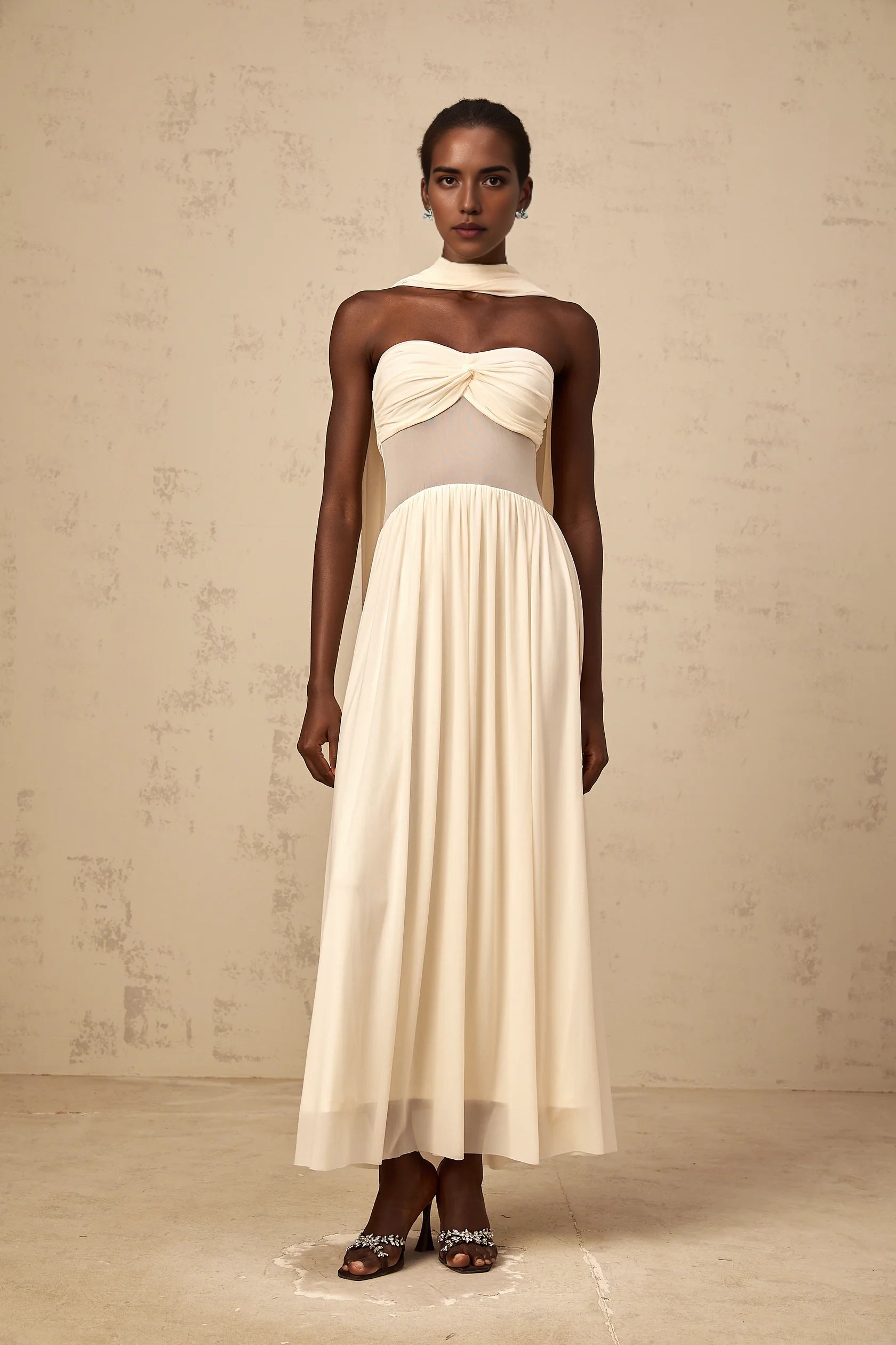 Ivory Strapless Maxi Dress with Sheer Panel and Drape Detail neutrals scarf-design mesh midi dress Evening Dress