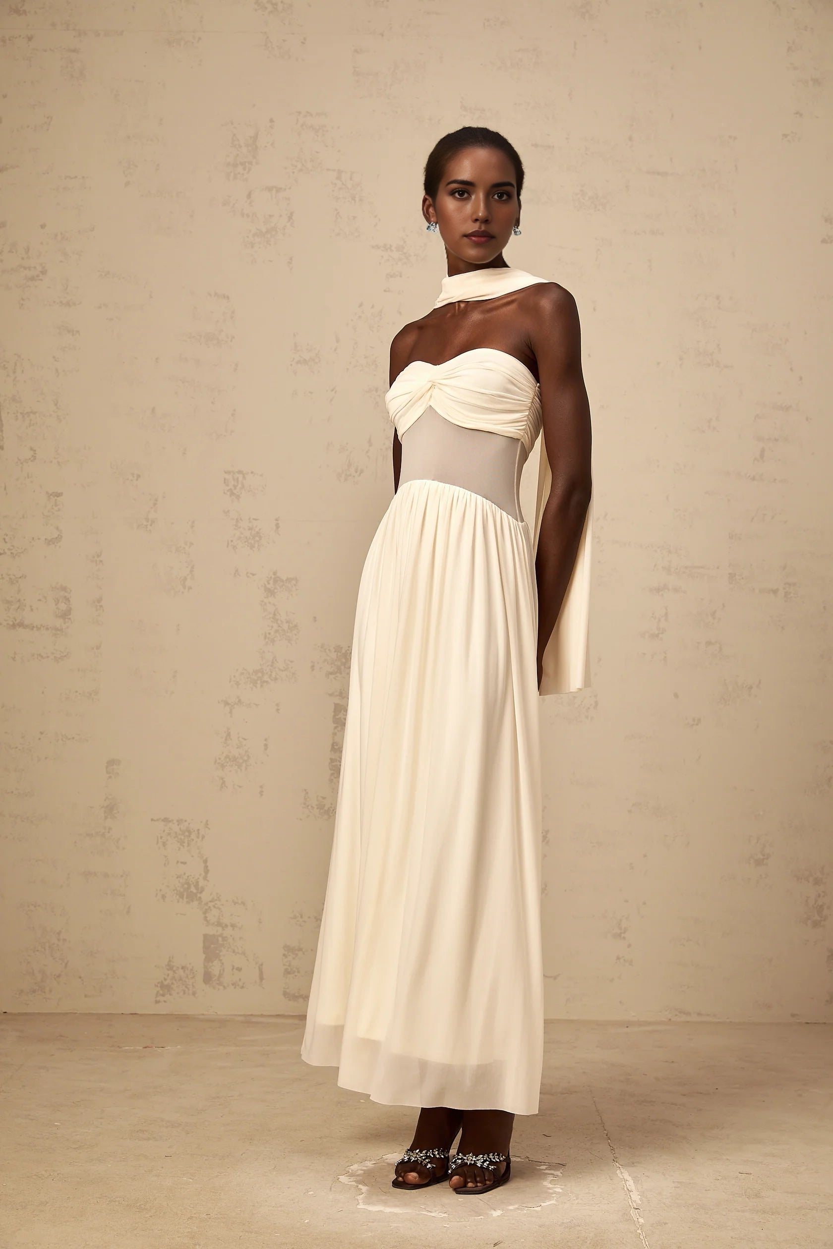 Ivory Strapless Maxi Dress with Sheer Panel and Drape Detail neutrals scarf-design mesh midi dress Evening Dress