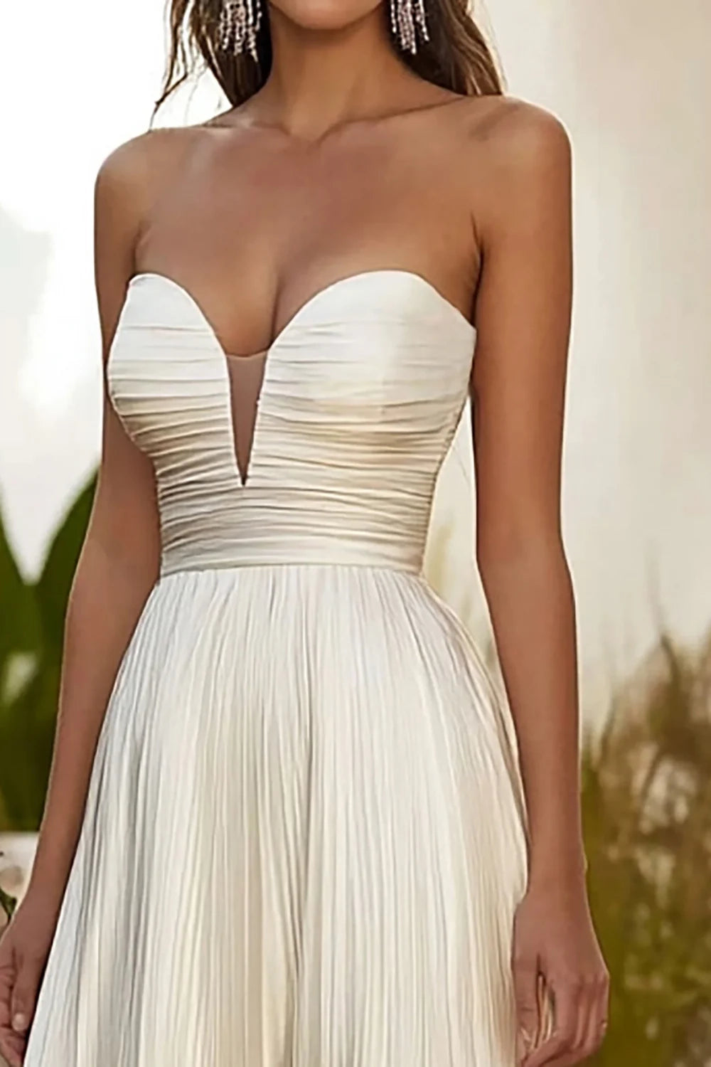 Ivory Strapless Pleated Evening Gown Champagne A Line Strapless Pleated Long Wedding Guest Dress Evening Dress
