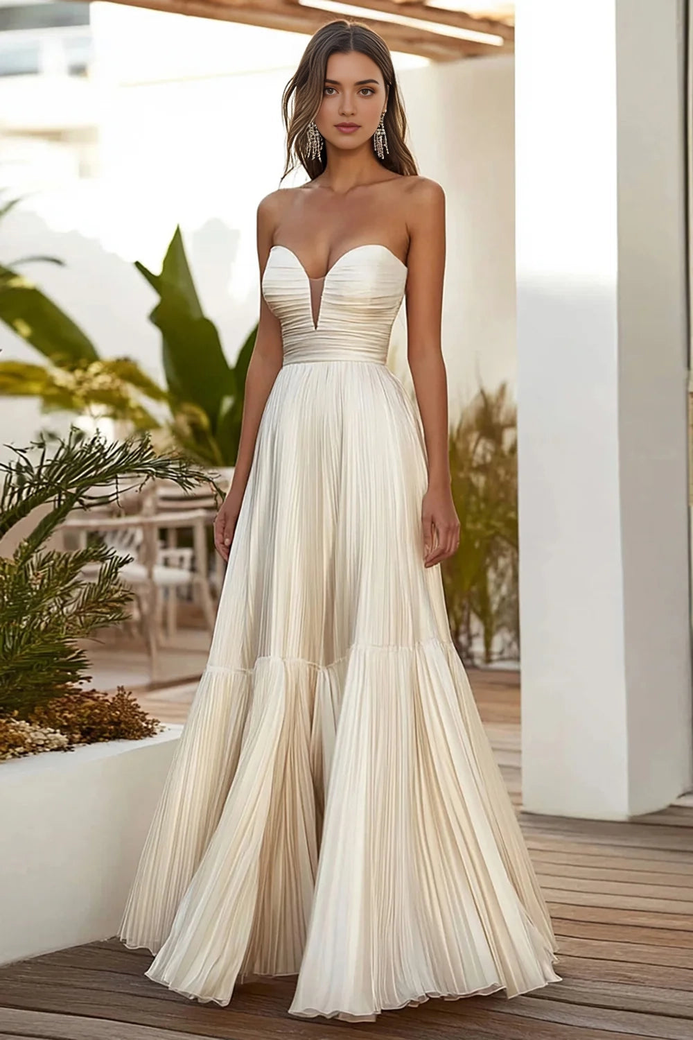 Ivory Strapless Pleated Evening Gown Champagne A Line Strapless Pleated Long Wedding Guest Dress Evening Dress