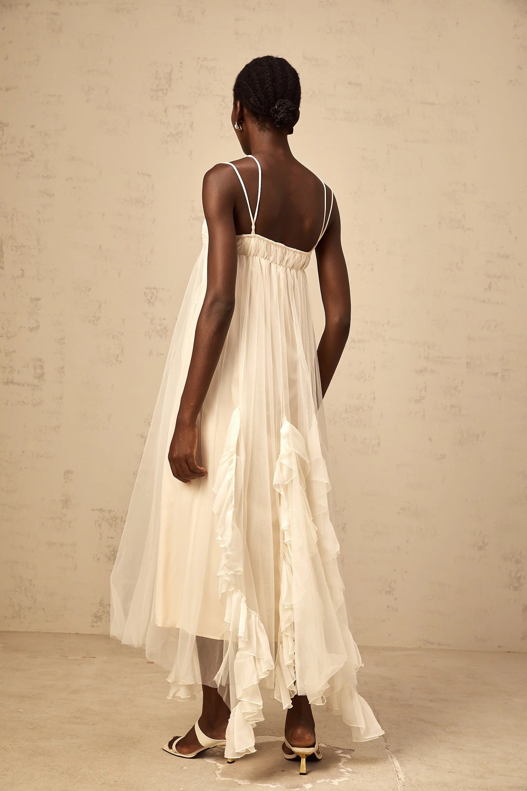 Ivory Tulle Ruffled Maxi Dress with Thin Straps layered ruffled tulle maxi dress in Neutrals Evening Dress