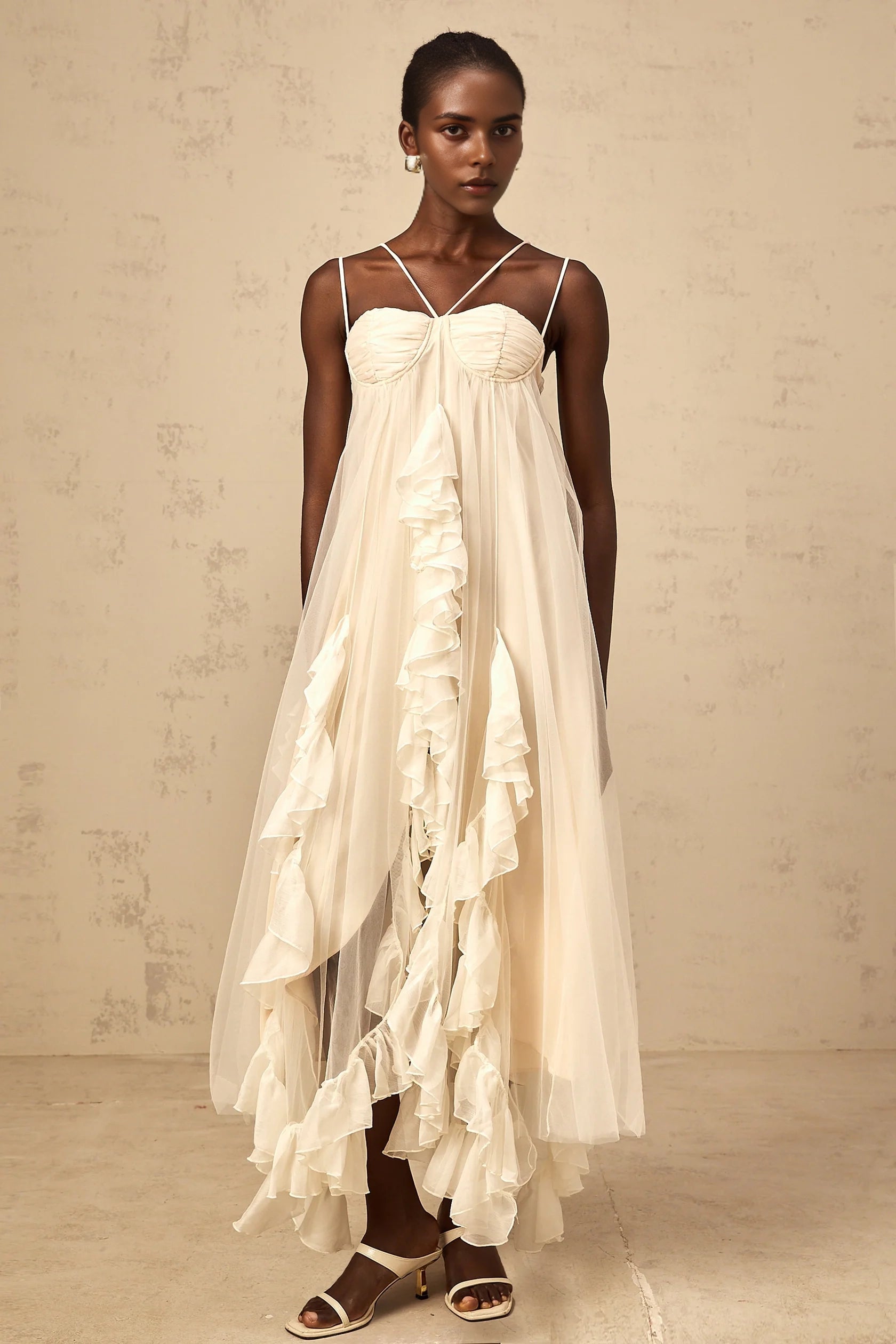 Ivory Tulle Ruffled Maxi Dress with Thin Straps layered ruffled tulle maxi dress in Neutrals Evening Dress