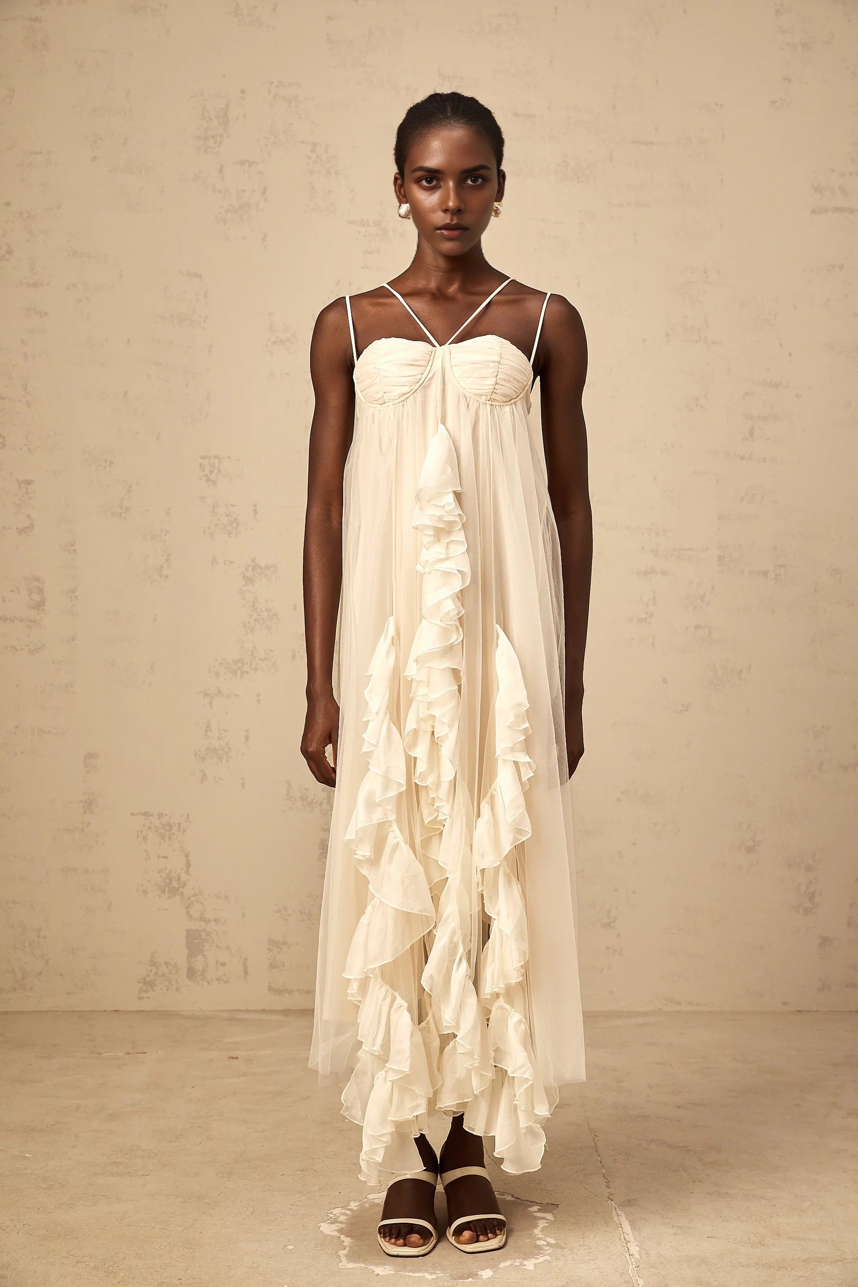 Ivory Tulle Ruffled Maxi Dress with Thin Straps layered ruffled tulle maxi dress in Neutrals Evening Dress