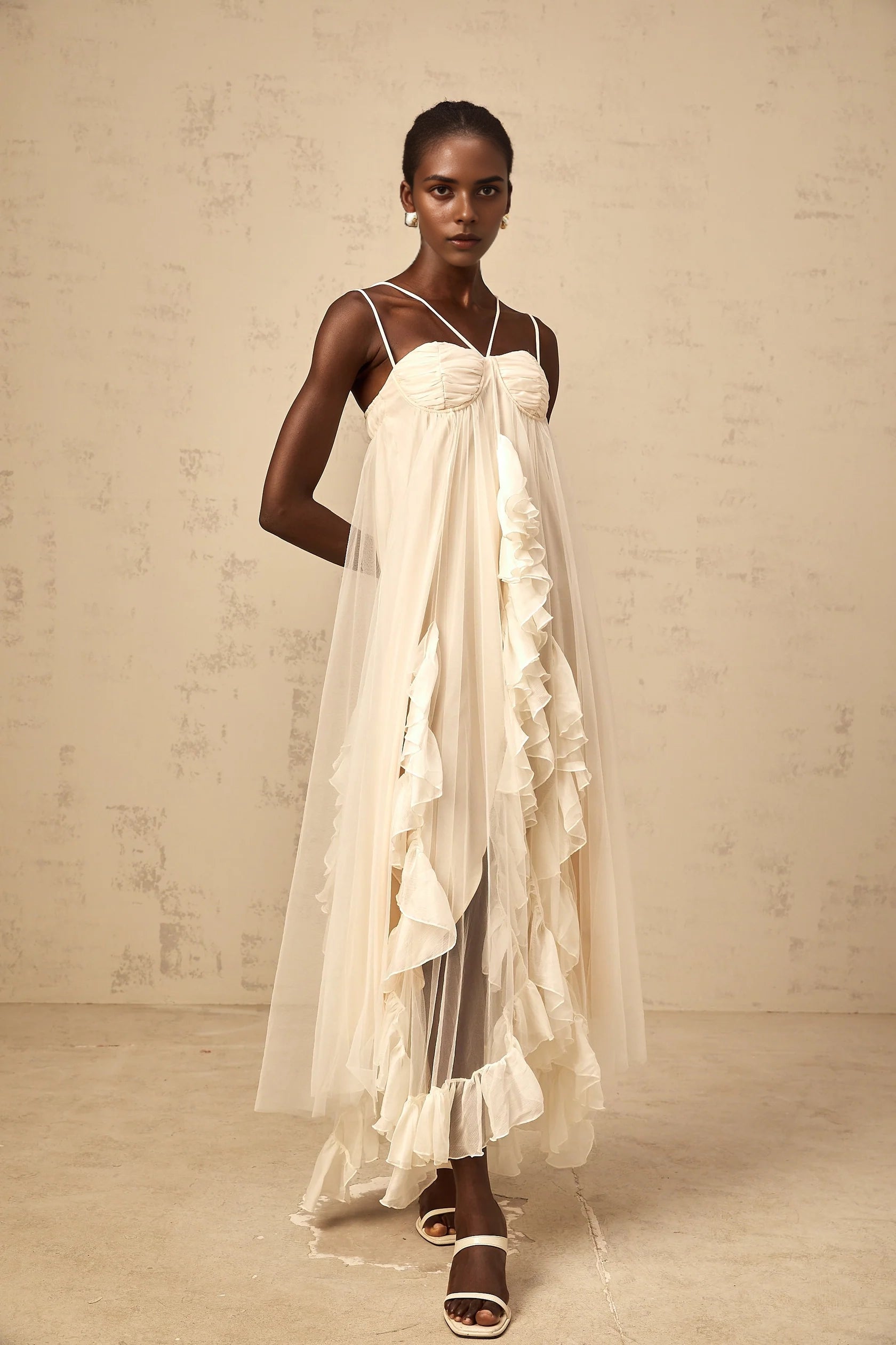 Ivory Tulle Ruffled Maxi Dress with Thin Straps layered ruffled tulle maxi dress in Neutrals Evening Dress