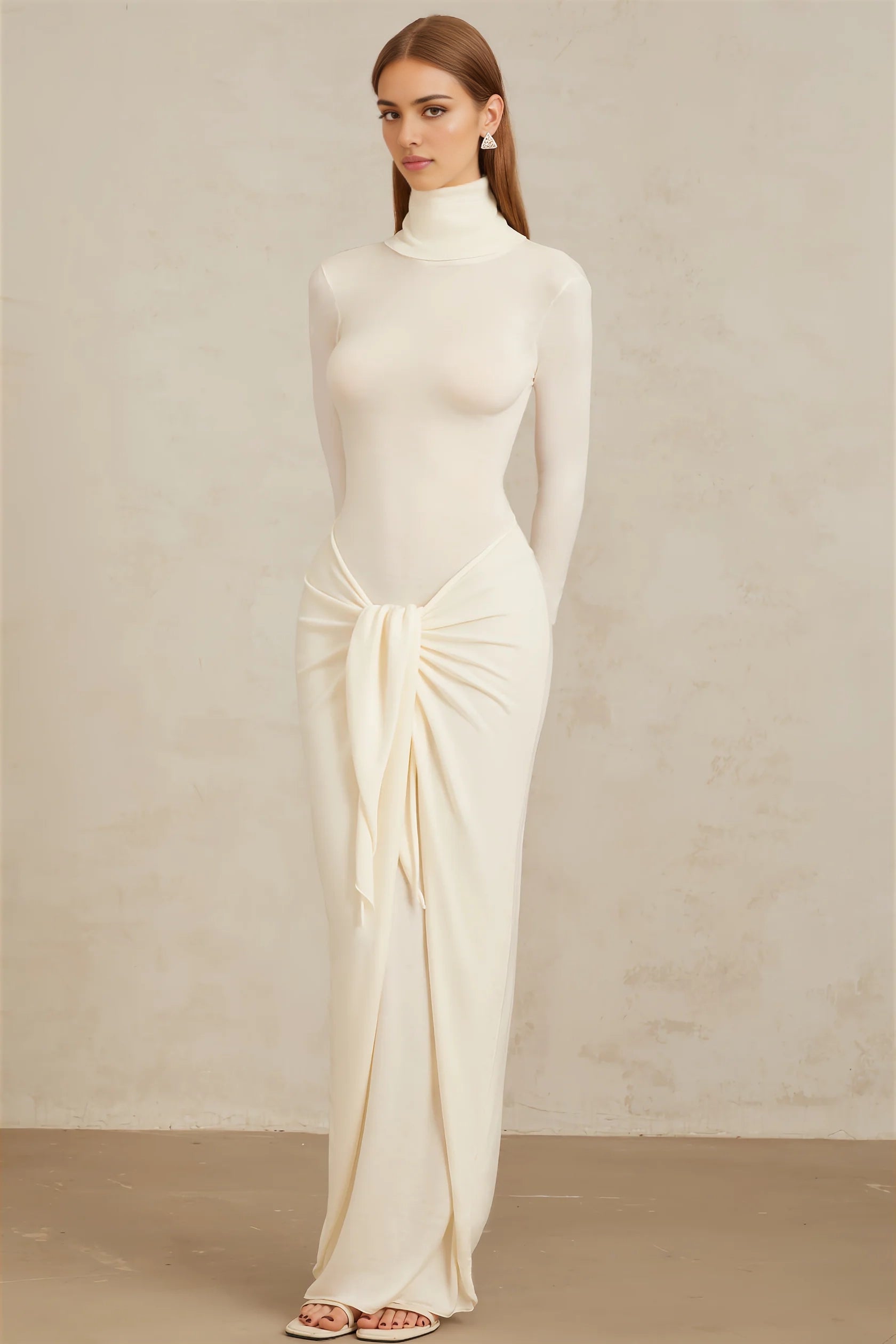 Ivory Turtleneck Maxi Dress with Draped Front Detail White Ruched Turtleneck Maxi Dress Evening Dress
