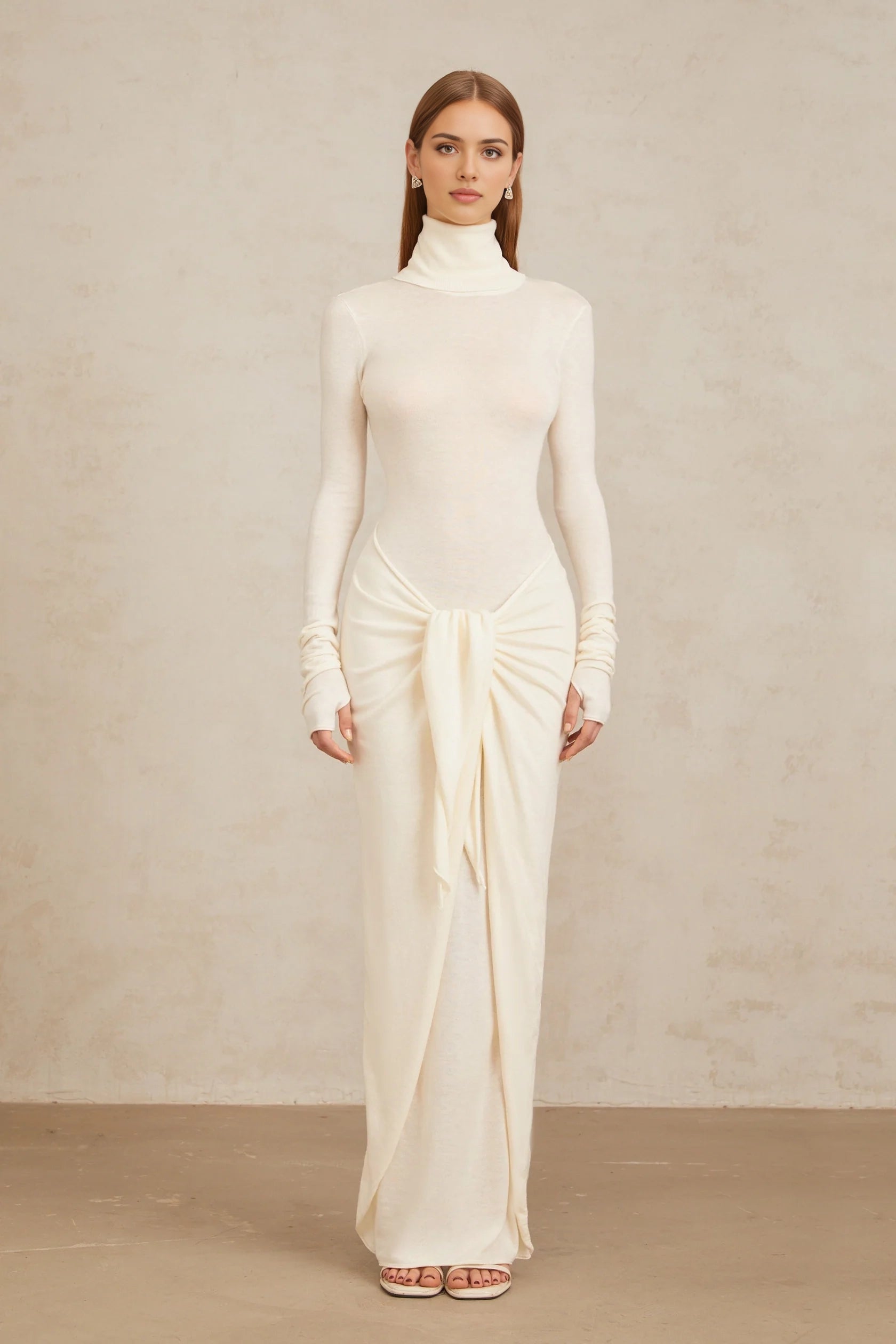 Ivory Turtleneck Maxi Dress with Draped Front Detail White Ruched Turtleneck Maxi Dress Evening Dress