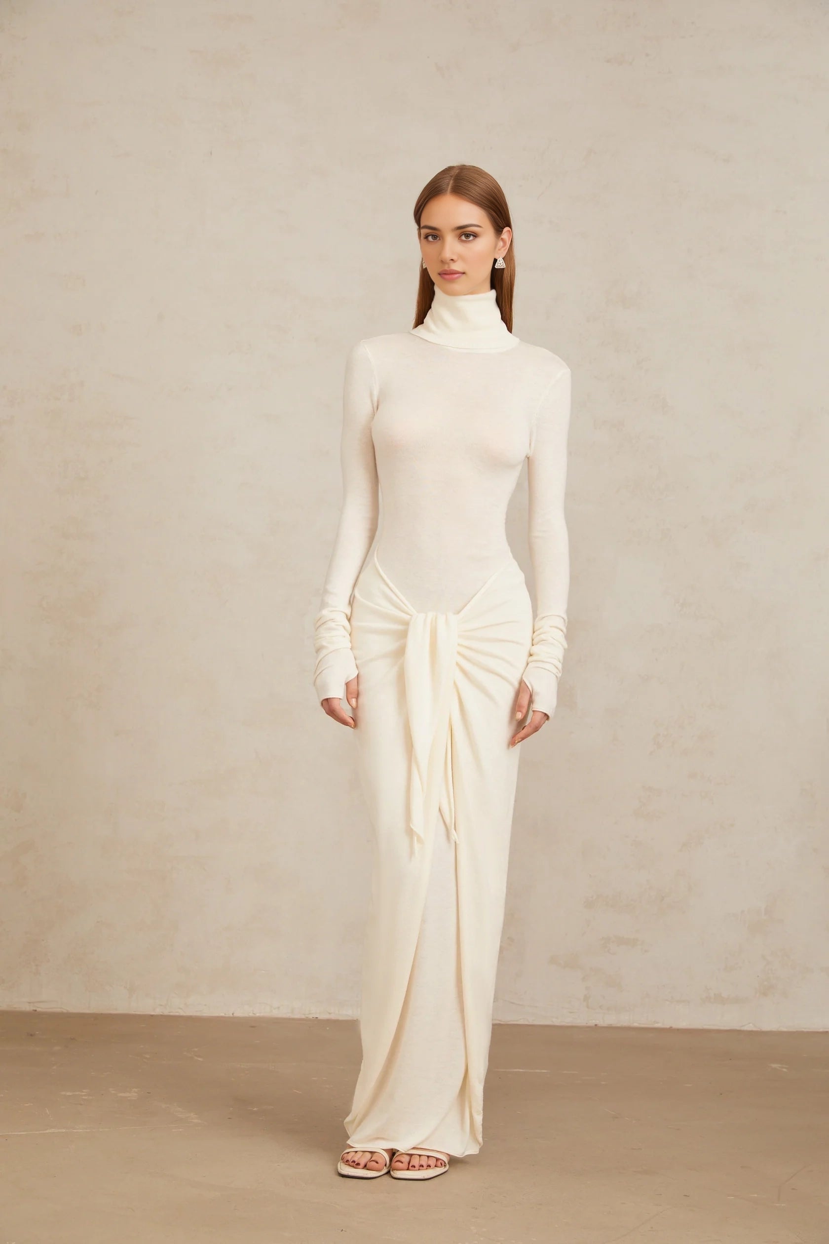 Ivory Turtleneck Maxi Dress with Draped Front Detail White Ruched Turtleneck Maxi Dress Evening Dress