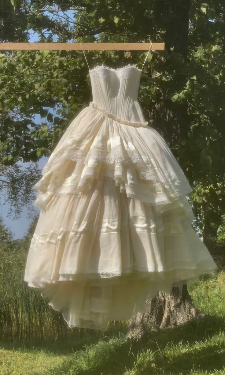 Ivory Ball Gown Strapless Corset Lace Satin Long Prom Dress Wedding Dress simple gentle atmospheric and unique desi Bring summer colors to enhance whiteness