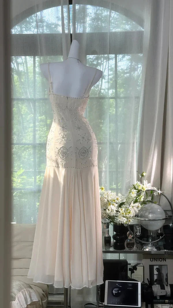 Ivory Rhinestone Mermaid Spaghetti Straps Chiffon Prom Dress Evening Dress simple gentle atmospheric and unique desi Bring summer colors to enhance whiteness