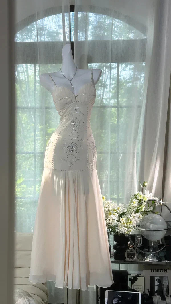 Ivory Rhinestone Mermaid Spaghetti Straps Chiffon Prom Dress Evening Dress simple gentle atmospheric and unique desi Bring summer colors to enhance whiteness