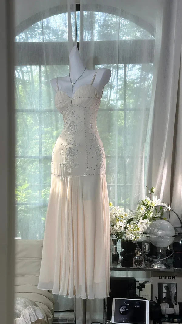Ivory Rhinestone Mermaid Spaghetti Straps Chiffon Prom Dress Evening Dress simple gentle atmospheric and unique desi Bring summer colors to enhance whiteness