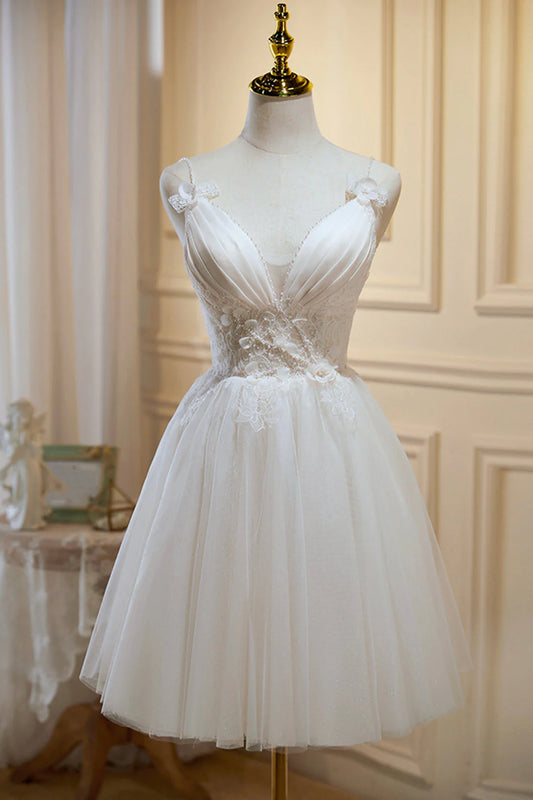 Ivory V Neck Tulle Lace Knee Length Prom Dress Cute A-Line Homecoming Dress simple gentle atmospheric and unique desi Bring summer colors to enhance white