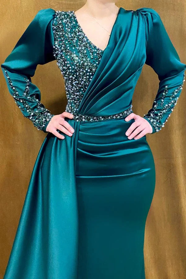 Jade Long Sleeves Prom Dress Mermaid V-Neck With Beads Simple gentle atmospheric and unique design