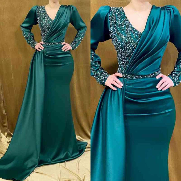 Jade Long Sleeves Prom Dress Mermaid V-Neck With Beads Simple gentle atmospheric and unique design