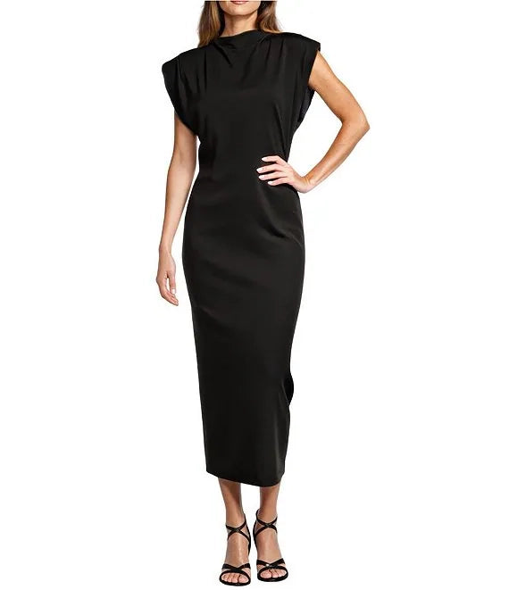 Jersey Mock Neck Dropped Cap Sleeve Midi Sheath Dress simple gentle atmospheric and unique desi Bring summer colors to enhance whiteness