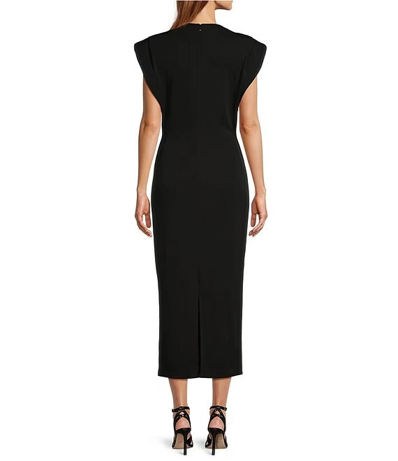 Jersey Mock Neck Dropped Cap Sleeve Midi Sheath Dress simple gentle atmospheric and unique desi Bring summer colors to enhance whiteness