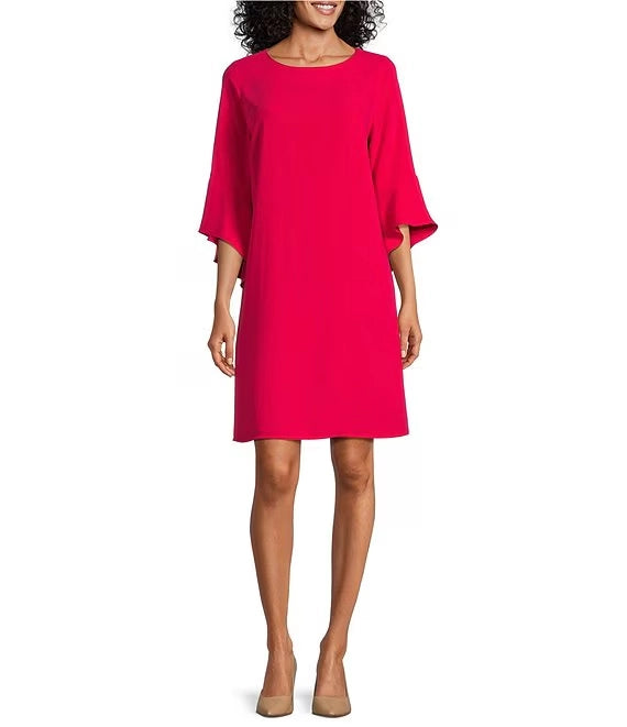 Julia Matte Crepe 3/4 Ruffle Sleeve Shift Round Neck Shift Dress simple gentle atmospheric and unique desi Bring summer colors to enhance whiteness