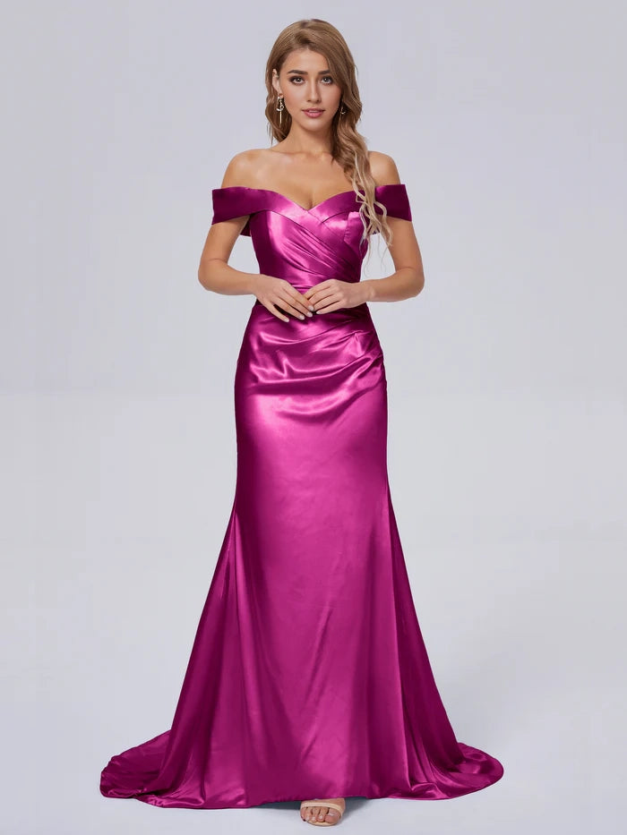 Juliette Off the Shoulder Hourglass Soft Satin Bridesmaid Dresses simple gentle atmospheric and unique desi Bring summer colors to enhance whiteness