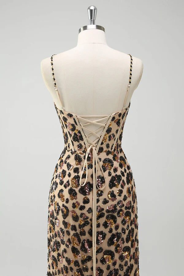 Khaki Leopard Sequins Mermaid Spaghetti Straps Long Corset Prom Dress with Slit