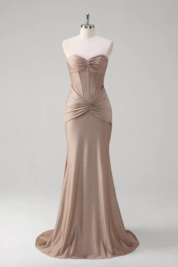 Khaki Mermaid Strapless Corset Pleated Prom Dress simple gentle atmospheric and unique desi