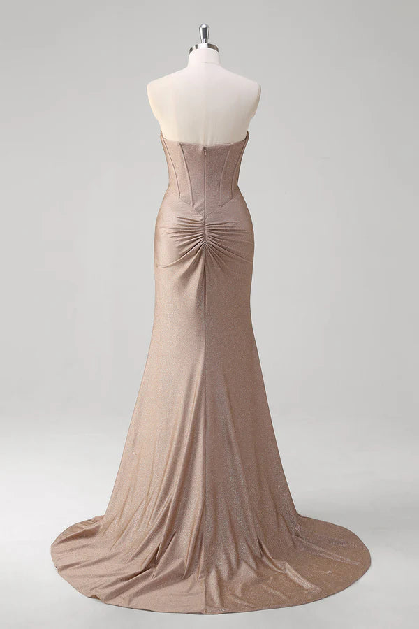 Khaki Mermaid Strapless Corset Pleated Prom Dress simple gentle atmospheric and unique desi