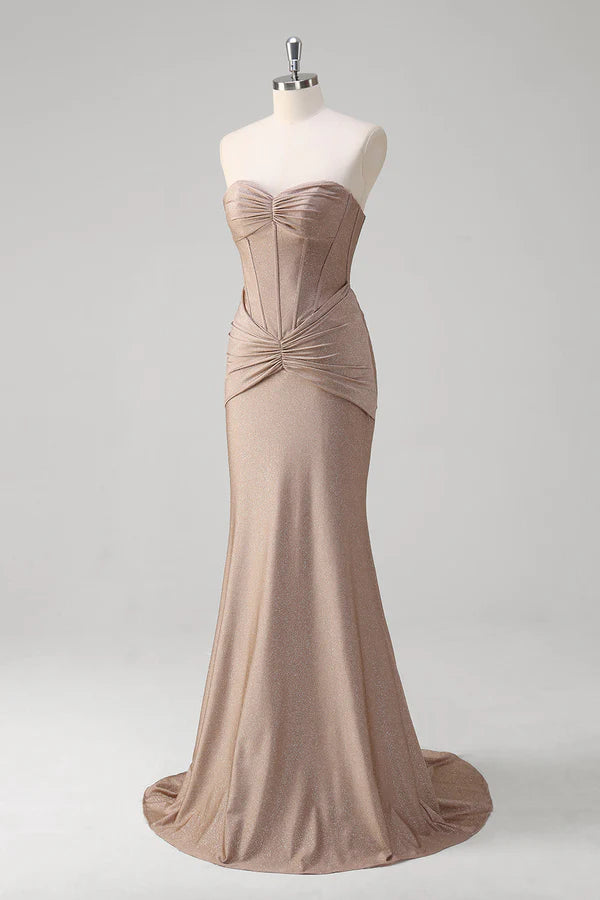 Khaki Mermaid Strapless Corset Pleated Prom Dress simple gentle atmospheric and unique desi