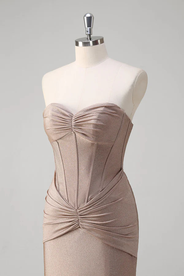 Khaki Mermaid Strapless Corset Pleated Prom Dress simple gentle atmospheric and unique desi