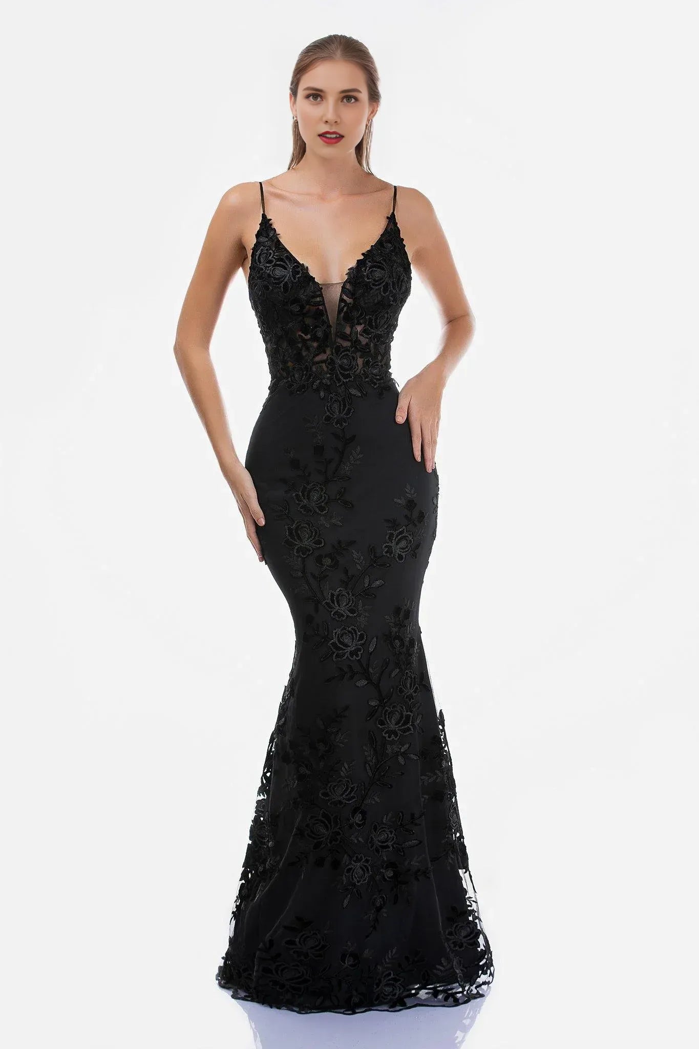 Lace-Embellished Mermaid V Neck Spaghetti Strap Open Back Floor Length Prom Dress