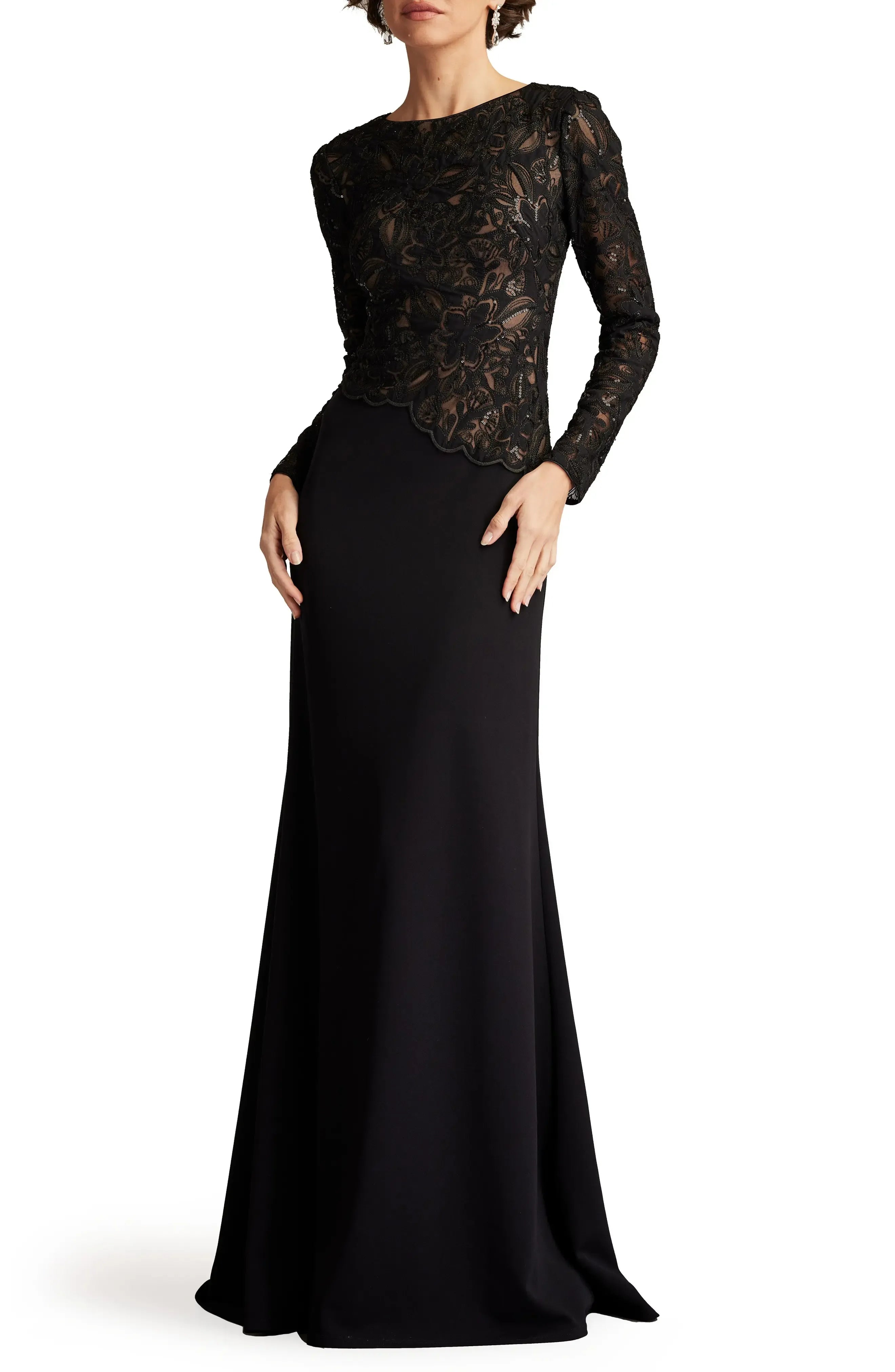 Lace Overlay Trumpet Crew Neck Long Sleeve Zipper Back Train Length For Sale Evening Dress