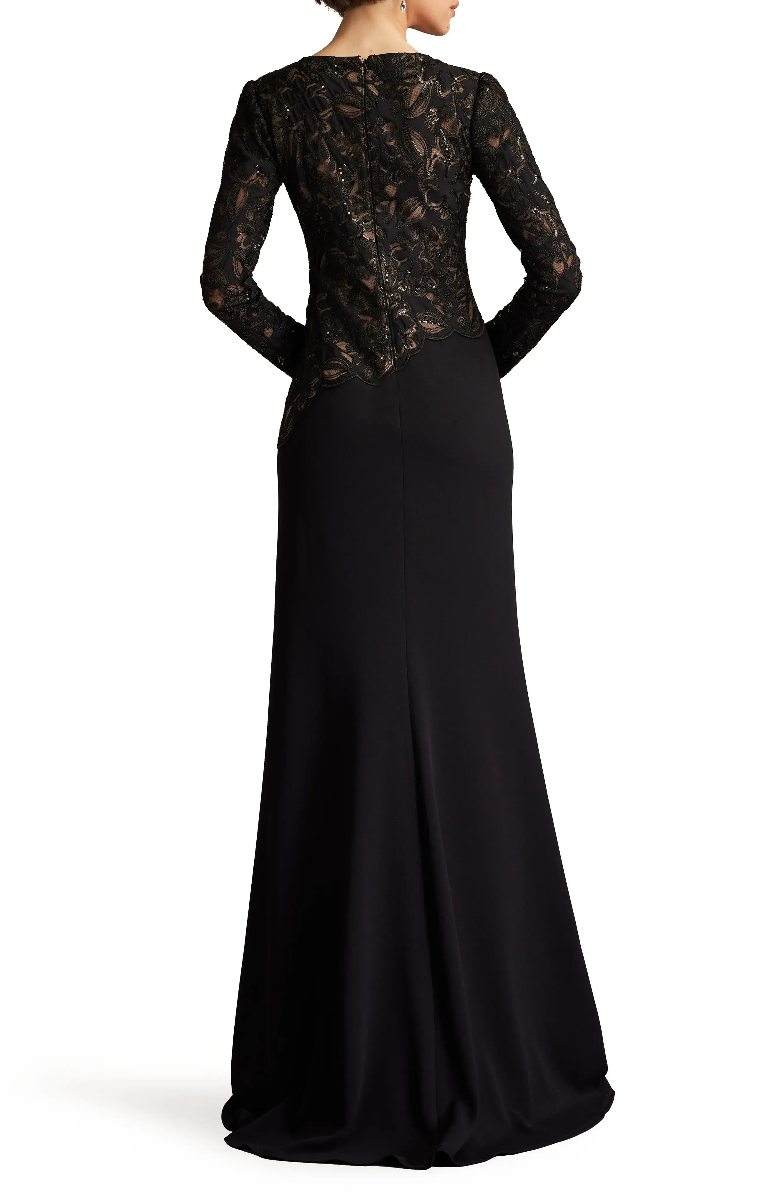 Lace Overlay Trumpet Crew Neck Long Sleeve Zipper Back Train Length For Sale Evening Dress