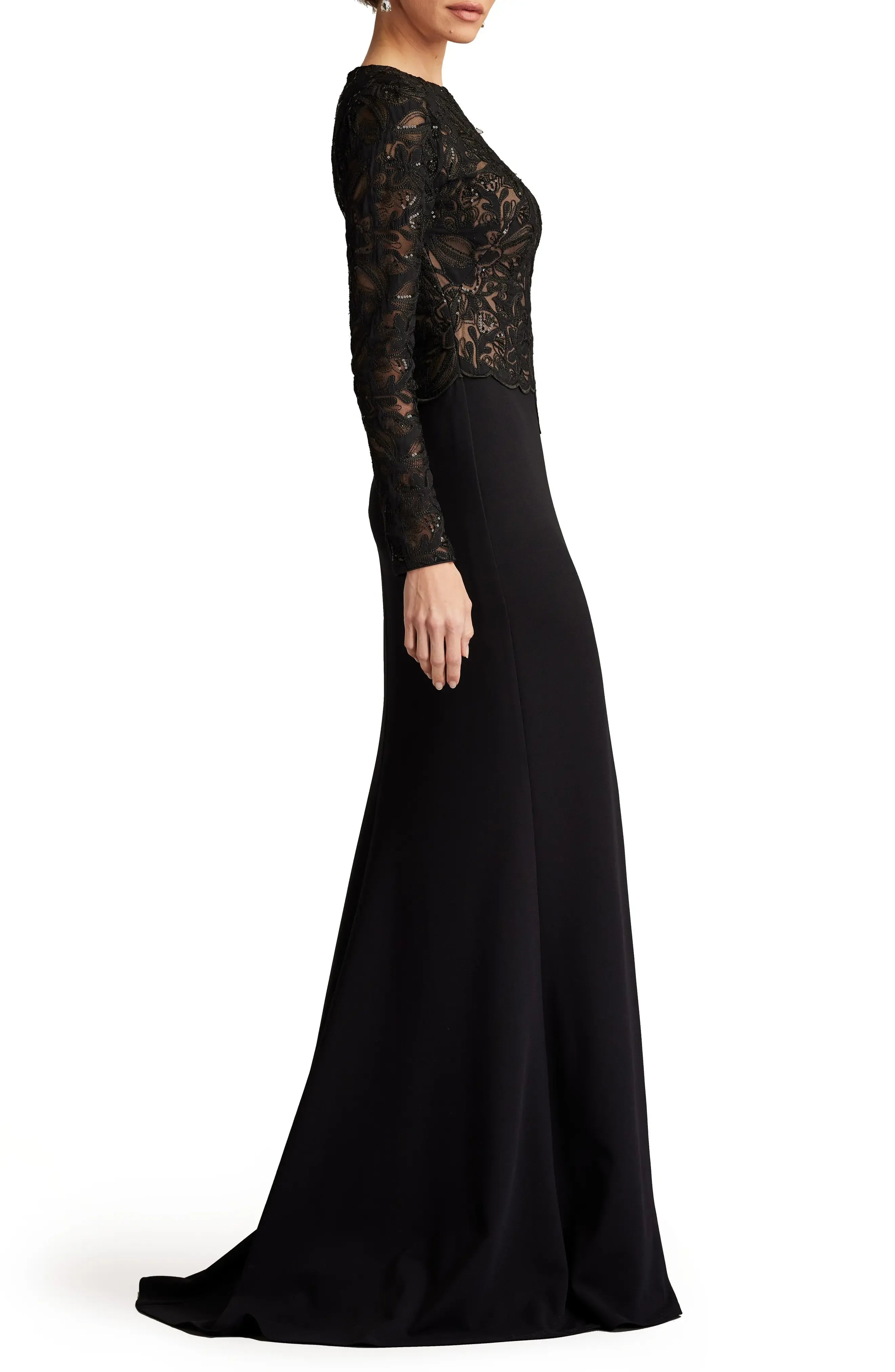 Lace Overlay Trumpet Crew Neck Long Sleeve Zipper Back Train Length For Sale Evening Dress
