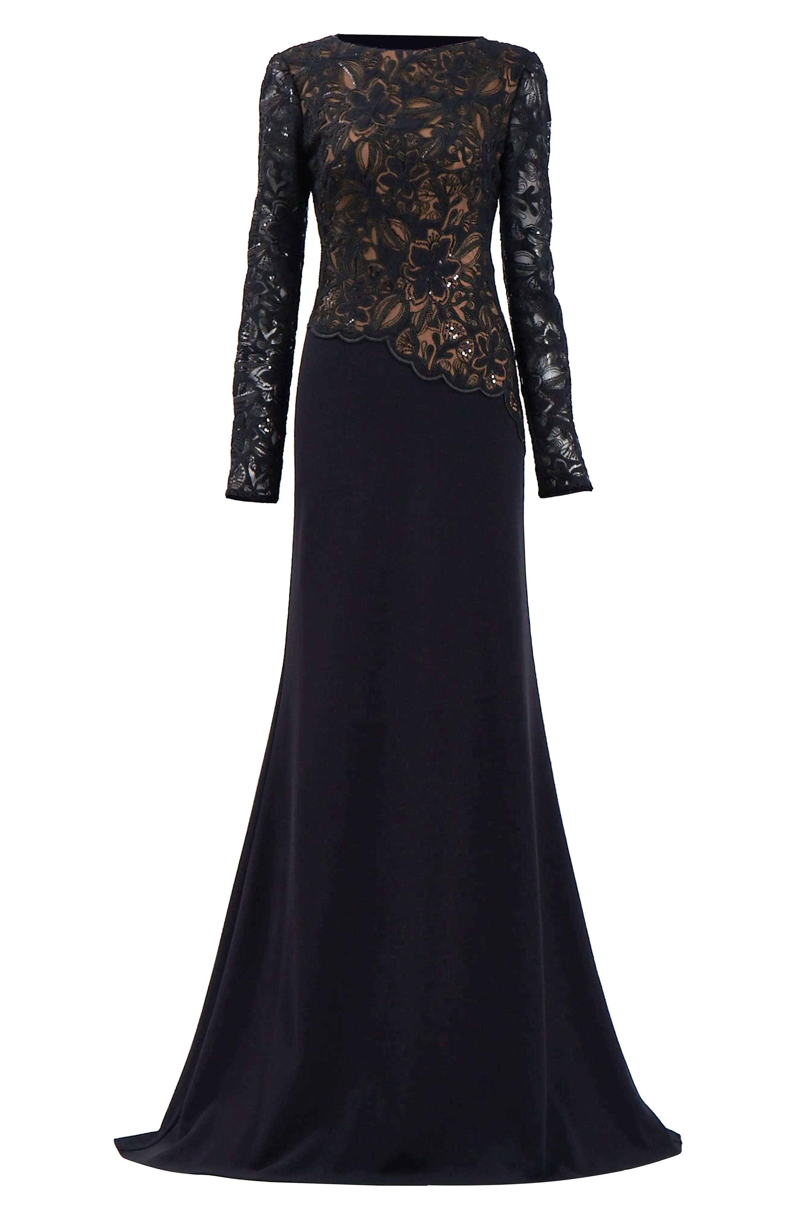 Lace Overlay Trumpet Crew Neck Long Sleeve Zipper Back Train Length For Sale Evening Dress