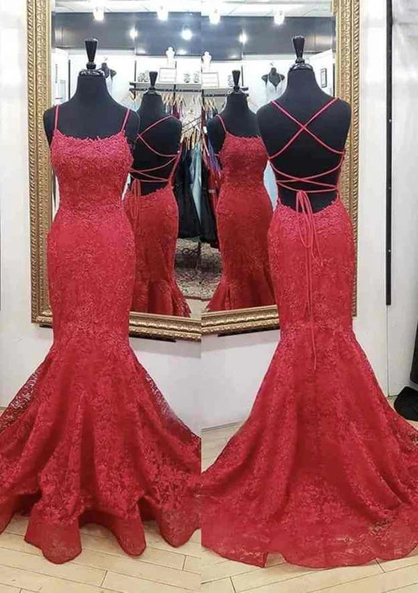 Laced Prom Dress/Evening Dress with Trumpet/Mermaid Square Neckline and Spaghetti Straps Sweep Train Simple gentle atmospheric and unique design