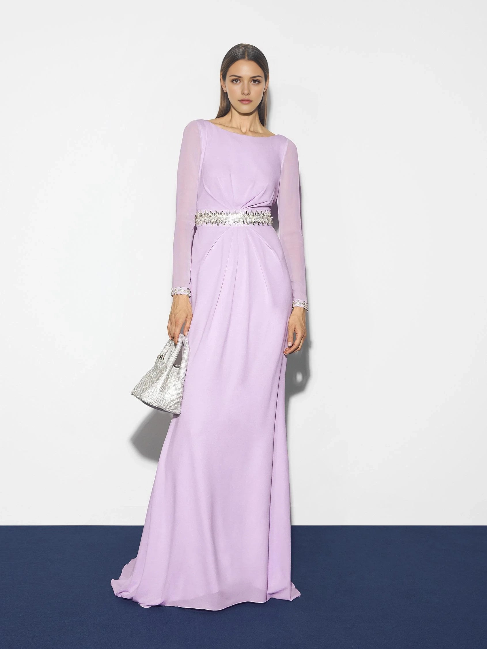 Lavender Beaded Long Sleeve Maxi Dress with Open Back Straight party dress with a boat neckline and long sleeves Mother of the Bride Dresses