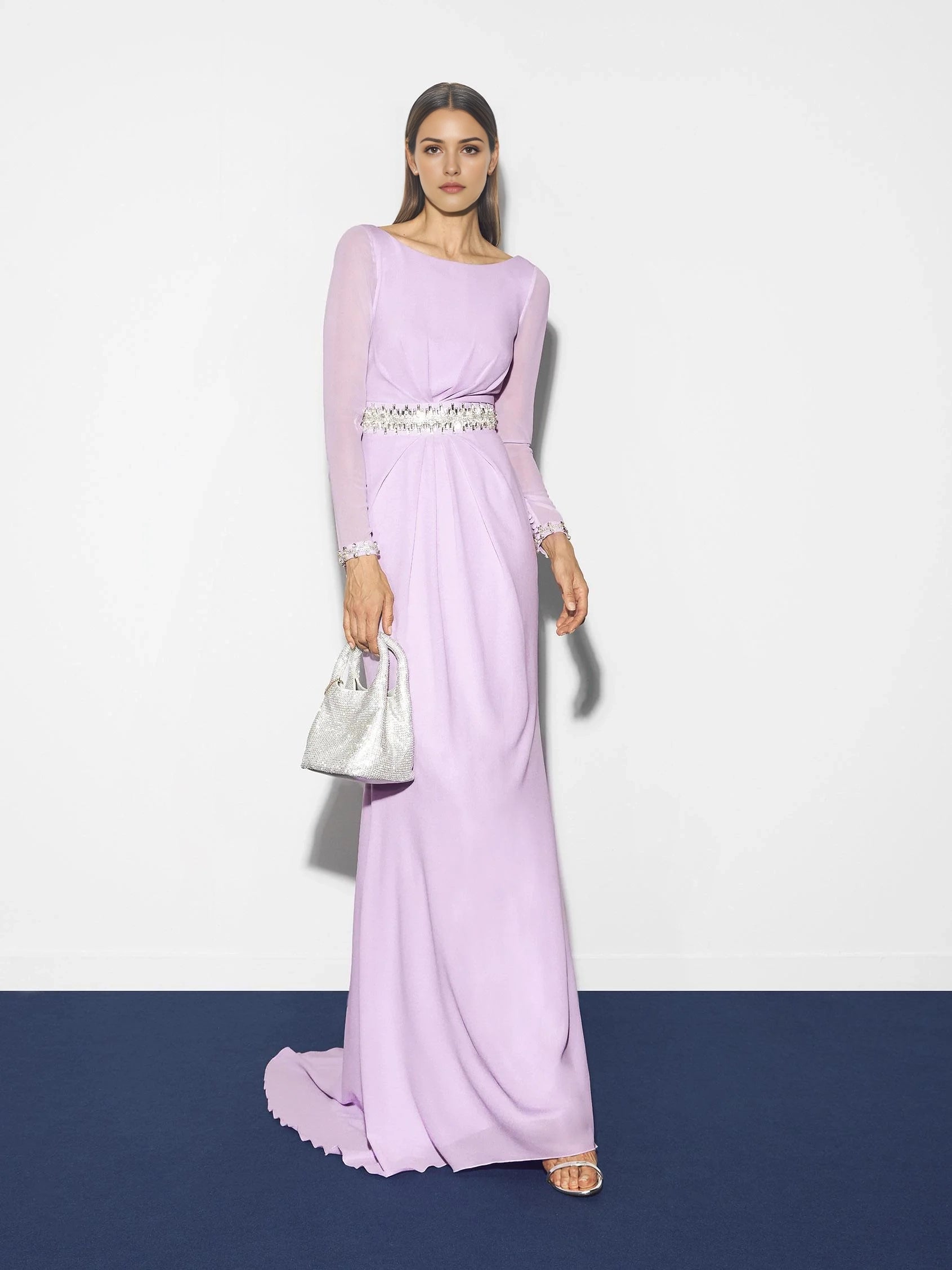 Lavender Beaded Long Sleeve Maxi Dress with Open Back Straight party dress with a boat neckline and long sleeves Mother of the Bride Dresses