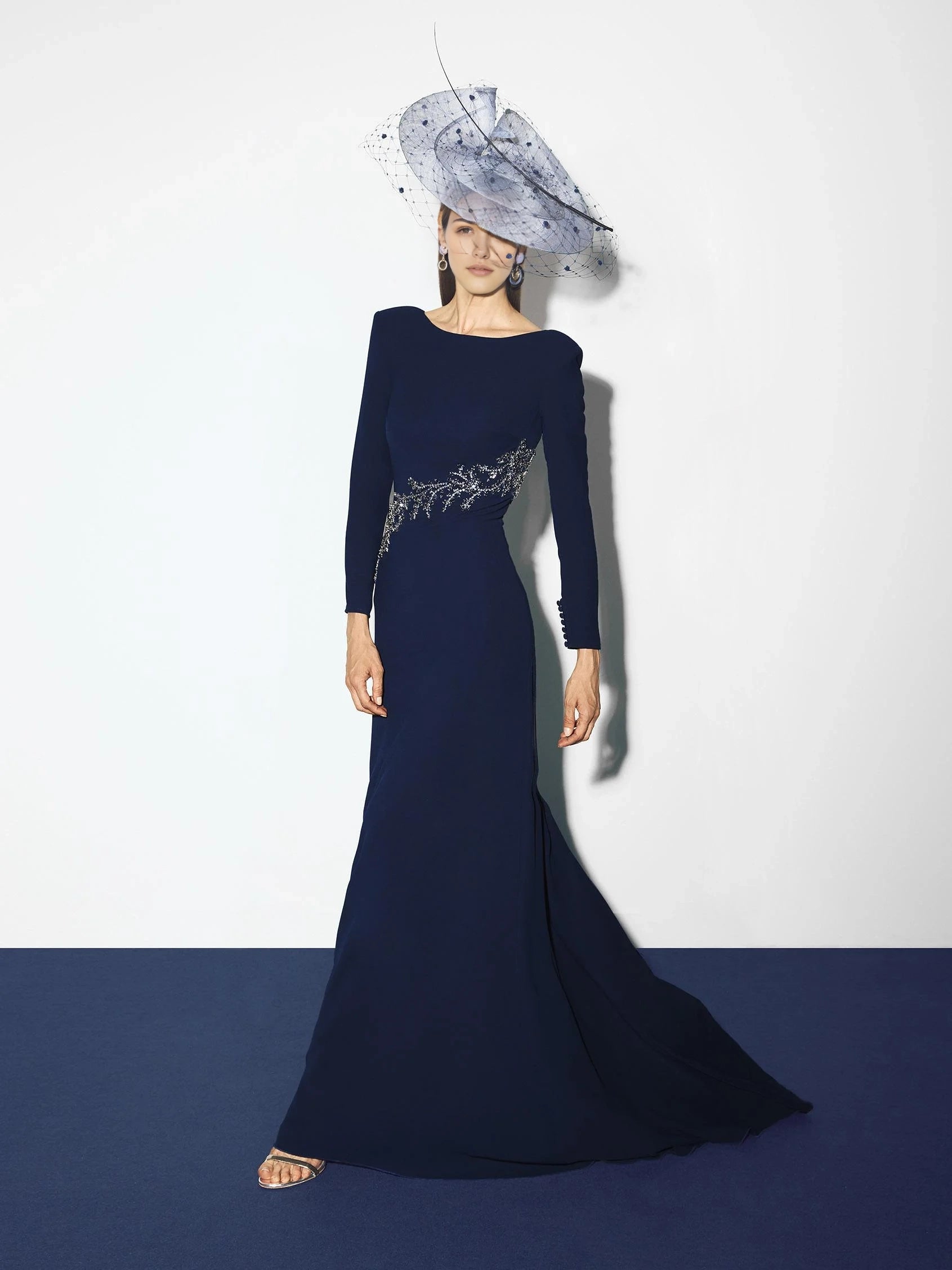 Navy Blue Beaded Long Sleeve Maxi Dress with Open Back Party dress with boat neckline and long sleeves in crepe Mother of the Bride Dresses